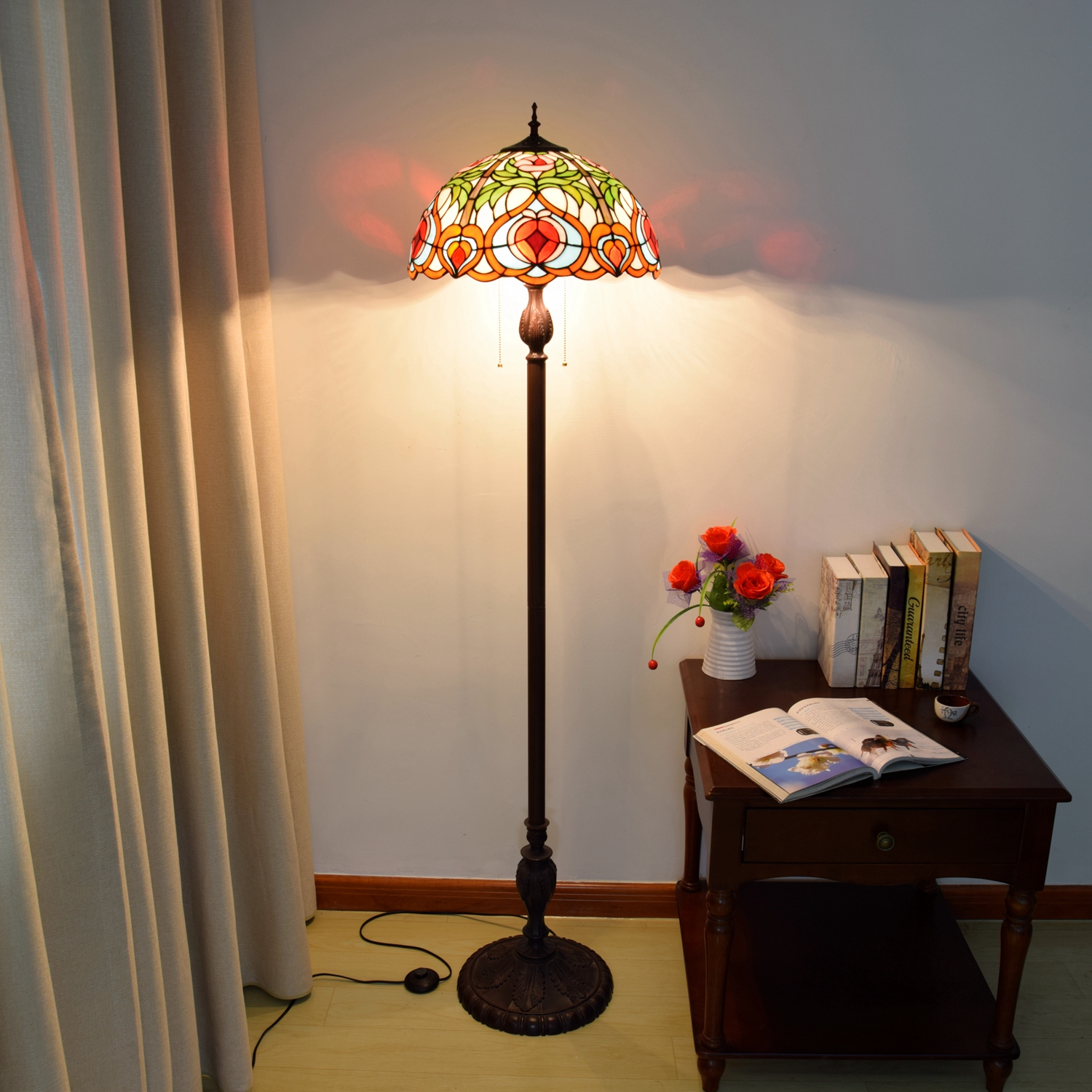 Blivuself Tiffany Floor Lamp Bohemian Design 16 Inches Pink Peach Handmade Stained Glass Lamp Shade, Indoor Lighting Retro Country Classical Art Home Decoration For Bedroom Living Room Office Study, Etc. OFCP1003
