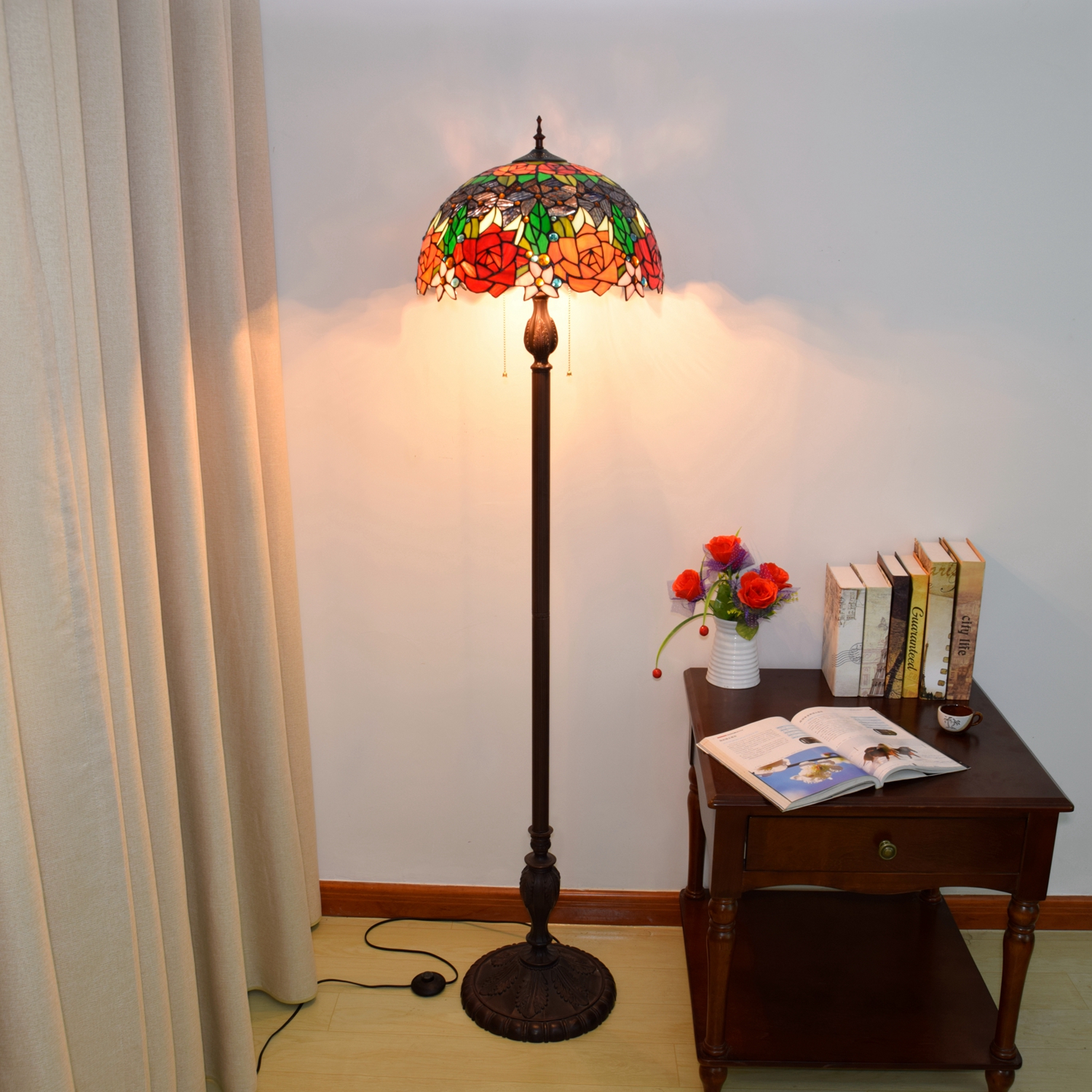 Blivuself Tiffany Floor Lamp Bohemia Design 16 Inches Deep Purple Red Orange Two-Color Rose Handmade Stained Glass Lamp Shade, Indoor Lighting Retro Country Classical Art Home Decoration For Bedroom Living Room Office Study, Etc. OFCP1002