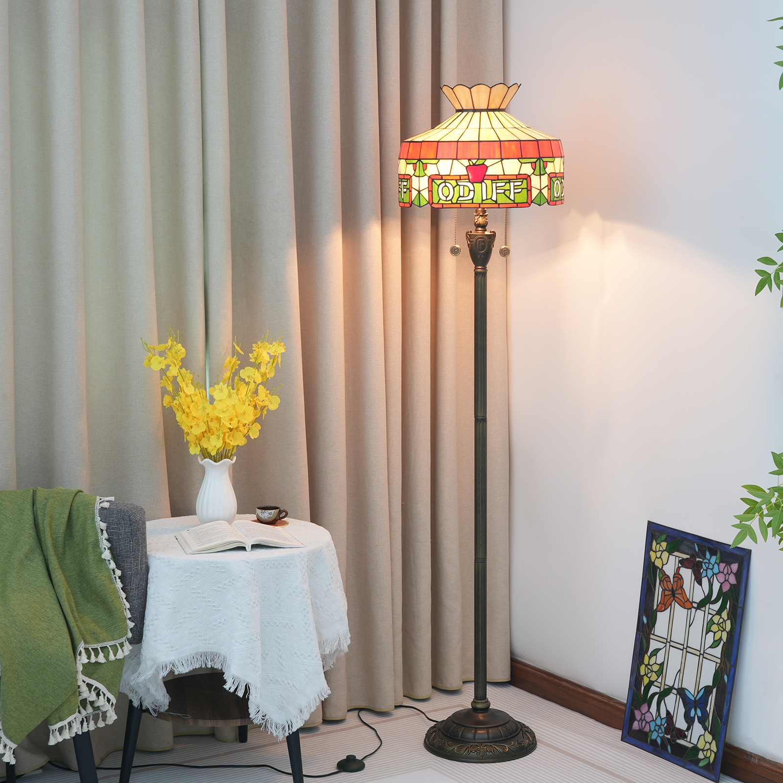 Blivuself Tiffany Floor Lamp Medieval Retro Style Design 16 Inches Red Apple ODIFF Letters Handmade Stained Glass Lamp Shade, Indoor Lighting Retro Country Classic Art Home Decoration For Bedroom Living Room Office Study, Etc. 16 InchesODIFF Apple-Of Floor Lamp OFN01