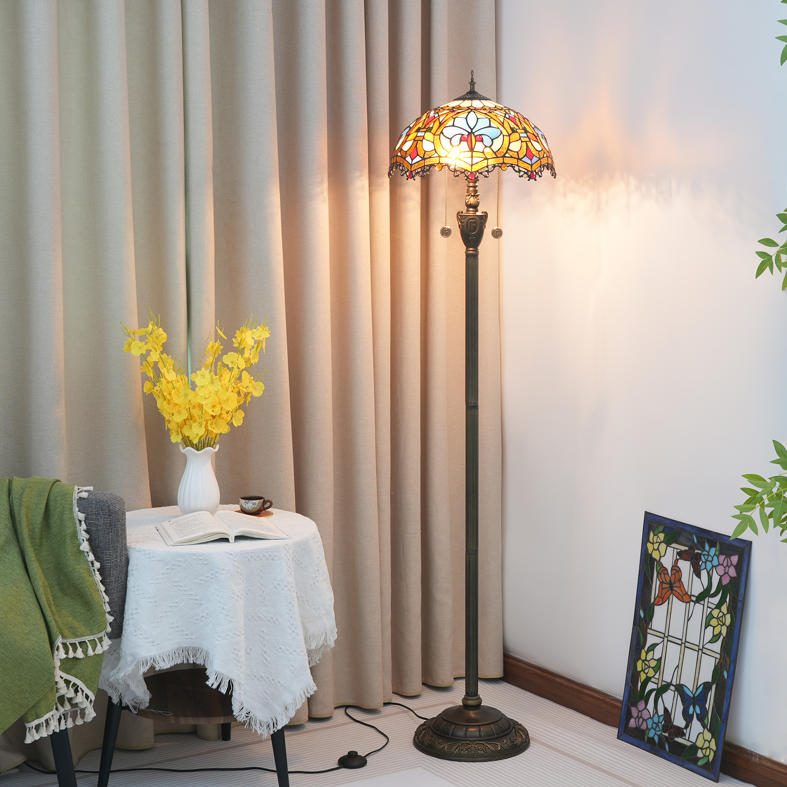 Blivuself Tiffany Floor Lamp Medieval Court Style Design 16 Inches Brown Love Hand-Made Colored Glass Lamp Shade, Indoor Lighting Retro Country Classical Art Home Decoration For Bedroom Living Room Office Study 16 Inches Love Beads - OF  Floor Lamp - Longwei OFN02