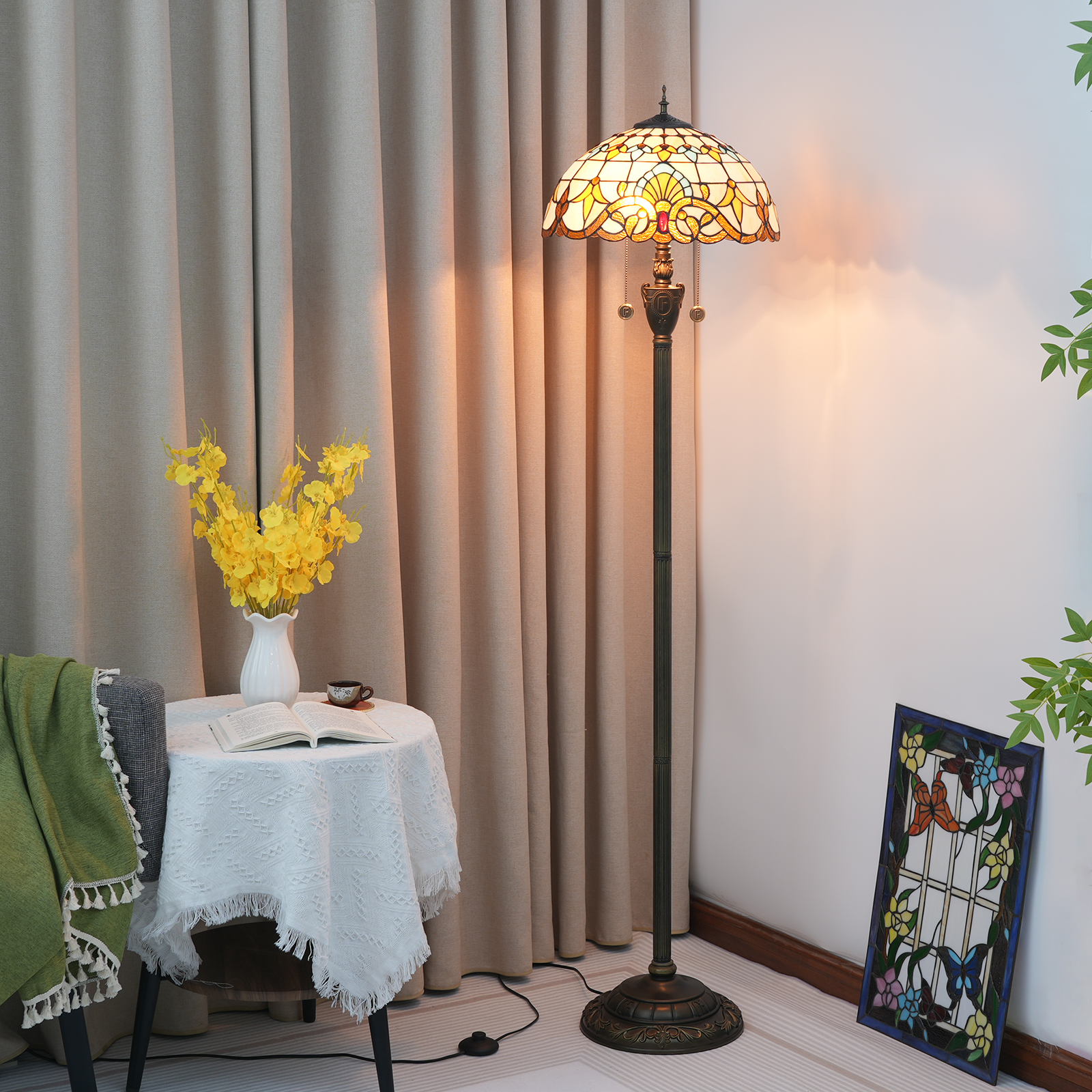 Blivuself Tiffany Floor Lamp Navian Style Design 16 Inches Yellow Baroque Handmade Colored Glass Lamp Shade, Indoor Lighting Reading Light Luxury Classical Art Home Decoration For Bedroom Living Room Office Study And Other 16 Inches Of Baroque-OF Floor Lamp OFN03