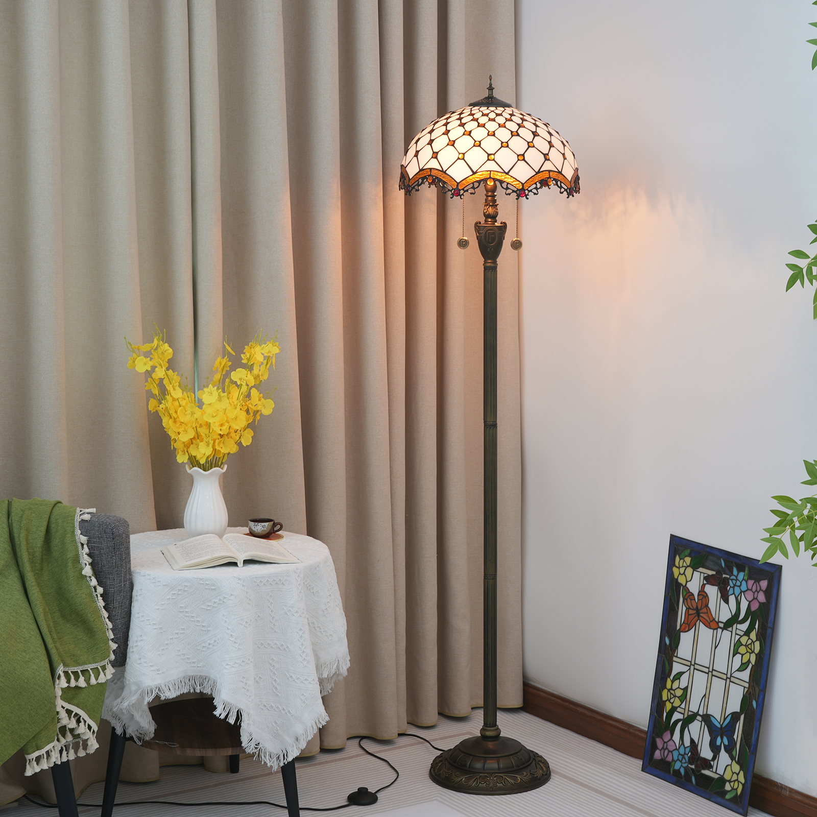 Blivuself Tiffany Floor Lamp Navia Style Design 16 Inch Brown Beads Handmade Colored Glass Lamp Shade, Indoor Lighting Reading Light Luxury Classical Art Home Decoration Suitable For Bedroom Living Room Office Study 16 Inch Brown Cross Beads -Of Floor Lamp OFN06