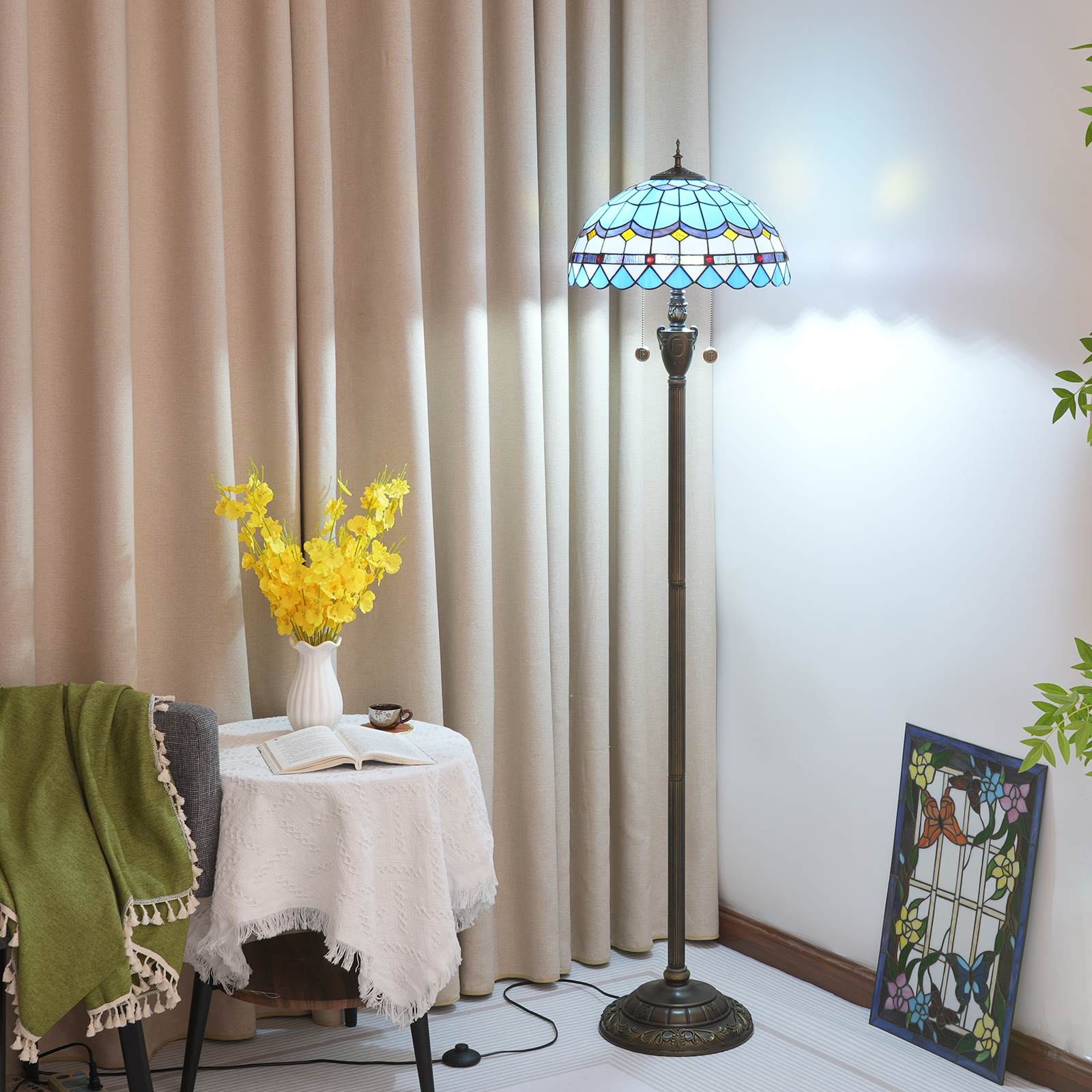 Blivuself Tiffany Floor Lamp Bohemian Style Design 16 Inches Blue Mediterranean Handmade Stained Glass Lamp Shade, Indoor Lighting Reading European Antique Craft Home Decoration For Bedroom Living Room Office Study, Etc. 16 Inches Mediterranean-Of Floor Lamp - Feather OFN07