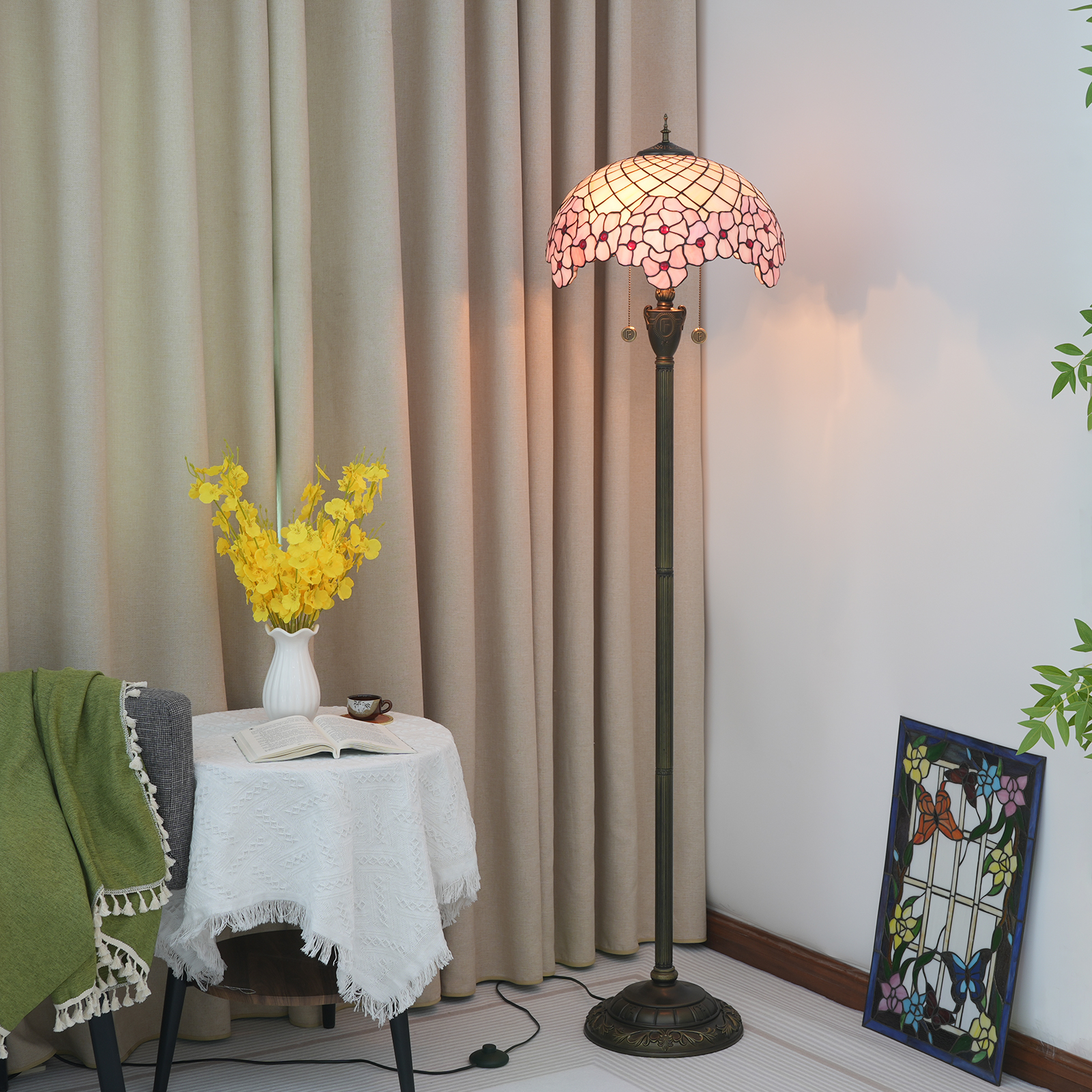 Blivuself Tiffany Floor Lamp Victorian Style Design 16 Inches Pink Cherry Blossoms Handmade Stained Glass Lamp Shade, Indoor Lighting Reading Romantic Warm Atmosphere Home Decoration For Bedroom Living Room Office Study, Etc. 16 Inches Cherry Blossom -Of Floor Lamp OFN08