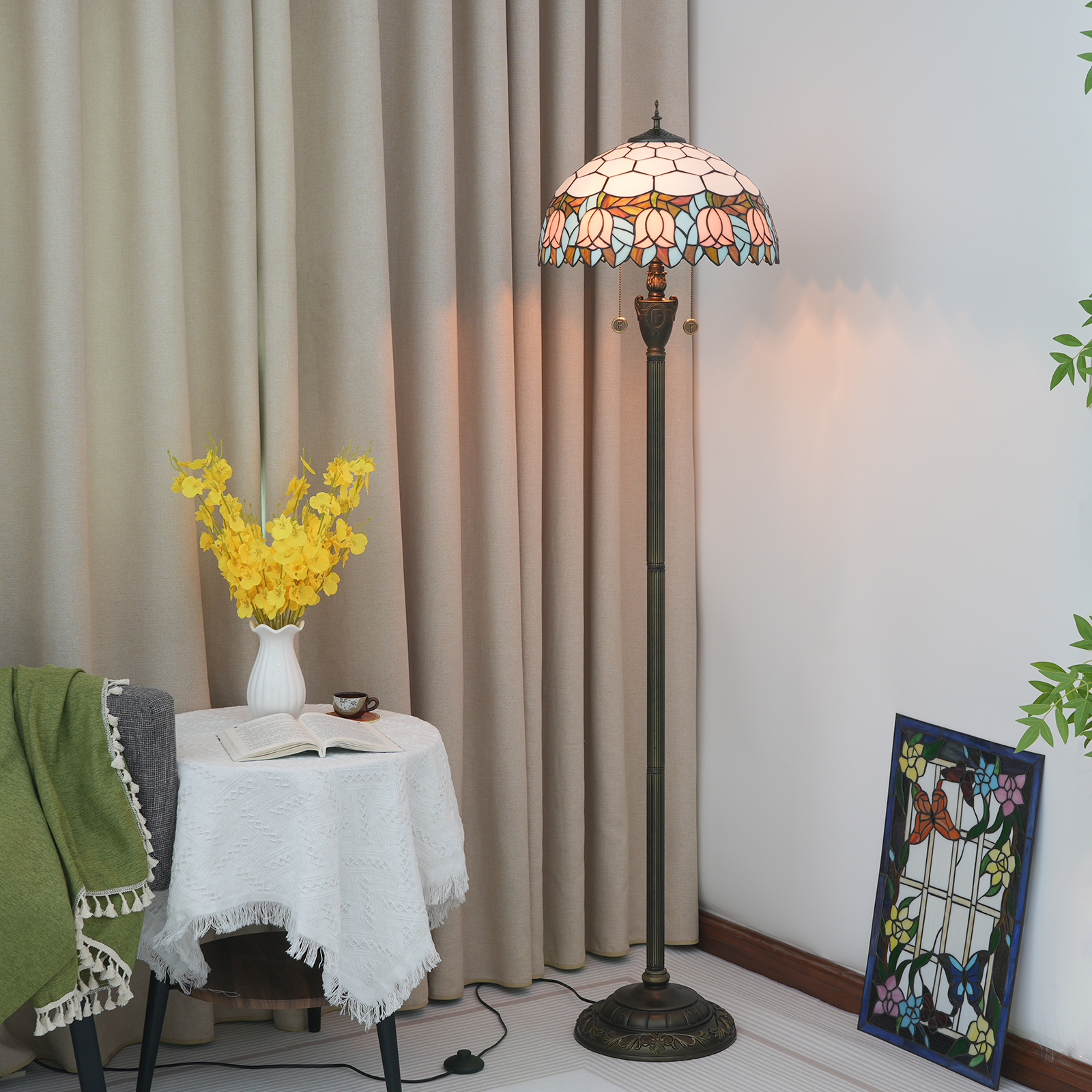 Blivuself Tiffany Floor Lamp Victorian Design 16 Inch Pink Tulip Handcrafted Stained Glass Lamp Shade, Indoor Lighting Reading Romantic Warm Atmosphere Home Decoration For Bedroom Living Room Office Study Etc. 16 Inch Pink Tulip -Of Floor Lamp OFN09