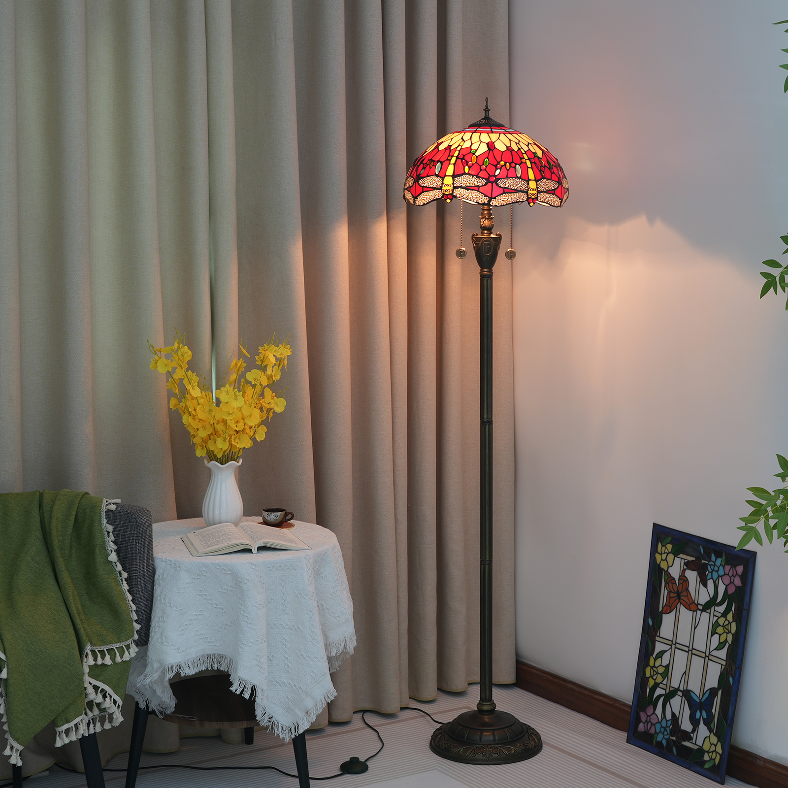 Blivuself Tiffany Floor Lamp Traditional Country Style Design 16 Inches Red Bottom Yellow Dragonfly Handmade Stained  Glass Lampshade, Indoor Lighting Reading European Pastoral Home Decoration For Bedroom Living Room Office Study 16 Inches Red Bottom Dragonfly Floor Lamp OFN11