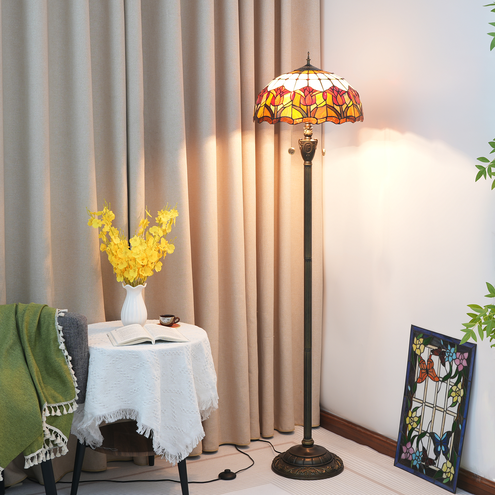 Blivuself Tiffany Floor Lamp Light Luxury Palace Style Design 16 Inch Red Tulip Handmade Colored Glass Lampshade, Indoor Lighting Reading European Pastoral Home Decoration For Bedroom Living Room Office Study, Etc. 16 Inch Red Tulip Floor Lamp OFN14