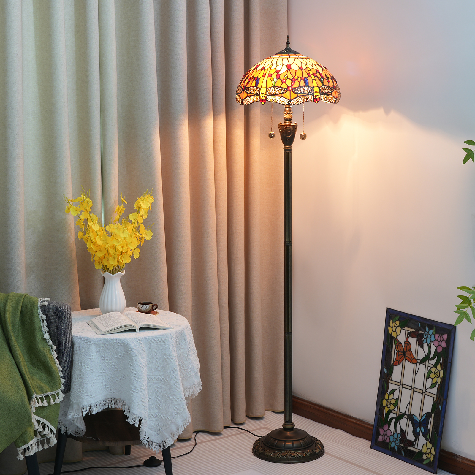 Blivuself Tiffany Floor Lamp Garden Dragonfly Design 16  Inch Orange Dragonfly Hand-Made Stained Glass Lampshade, Indoor Lighting Reading Vintage Craft Home Decoration For Bedroom Living Room Office Study Etc. 16" Orange Dragonfly -Of Floor Lamp OFN15