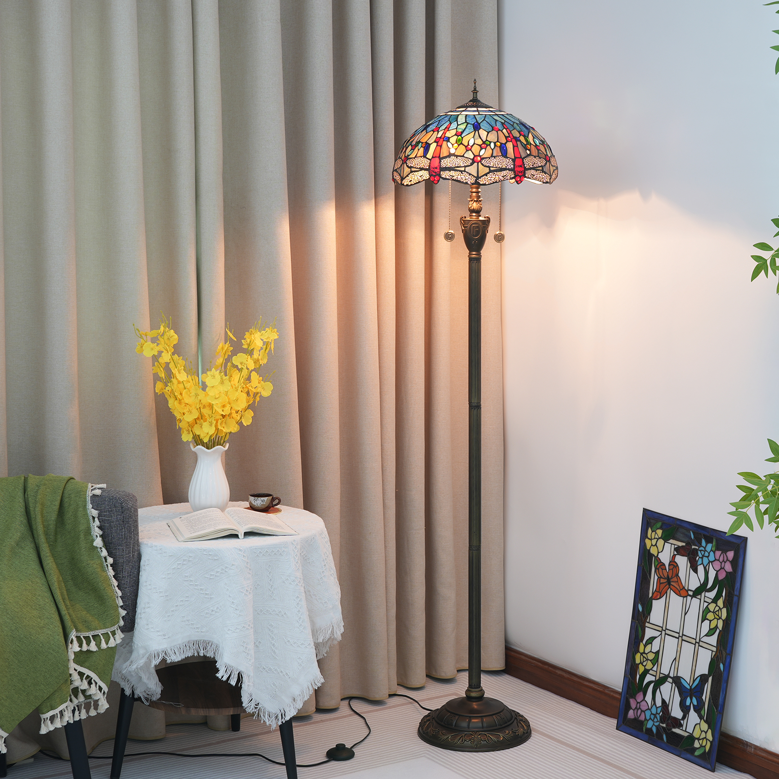 Blivuself Tiffany Floor Lamp Victorian Style 16 Inch Blue Background Red Dragonfly Handmade Stained Glass Lampshade, Indoor Lighting Reading Vintage Style Home Decoration For Bedroom Living Room Office Study Etc. 16 Inch Blue Background Dragonfly Floor Lamp OFN18