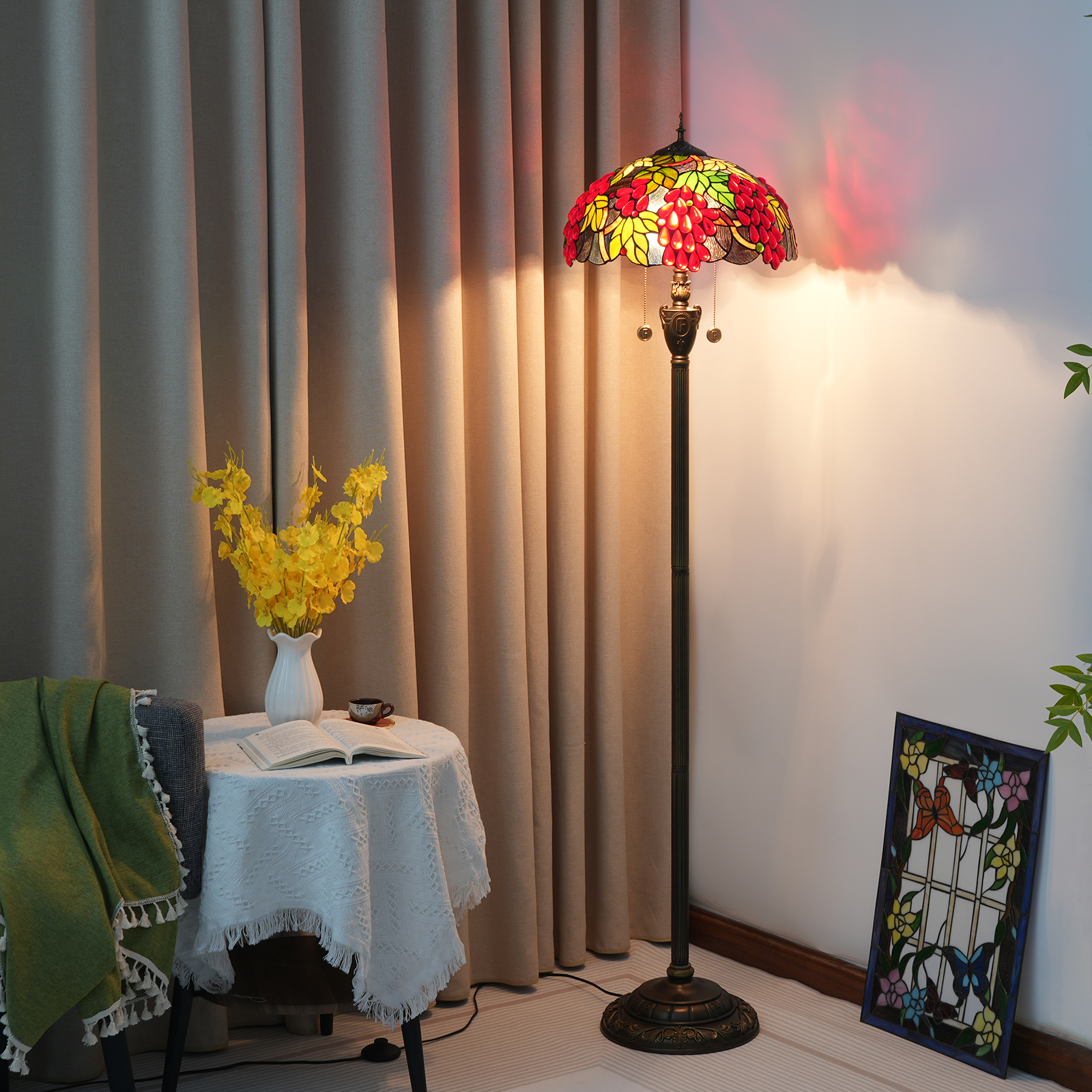 Blivuself Tiffany Floor Lamp Victorian Style 16 Inch Red Grapes Handmade Stained Glass Lamp Shade, Indoor Lighting Reading Pastoral Warm Style Home Decoration For Bedroom Living Room Office Study Etc. 16 Inch Harvest Grapes -Of Floor Lamp OFN23