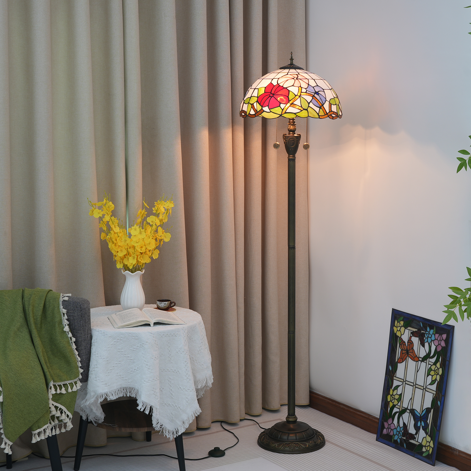 Blivuself Tiffany Floor Lamp European Pastoral Style 16 Inch Pink Purple Red Three Color Morning Glory Hand-Made Colored Glass Lamp Shade, Indoor Lighting Reading Warm Style Home Decoration For Bedroom Living Room Office Study, Etc. 16 Inch Morning Glory - Floor Lamp - Three Color Flower OFN28