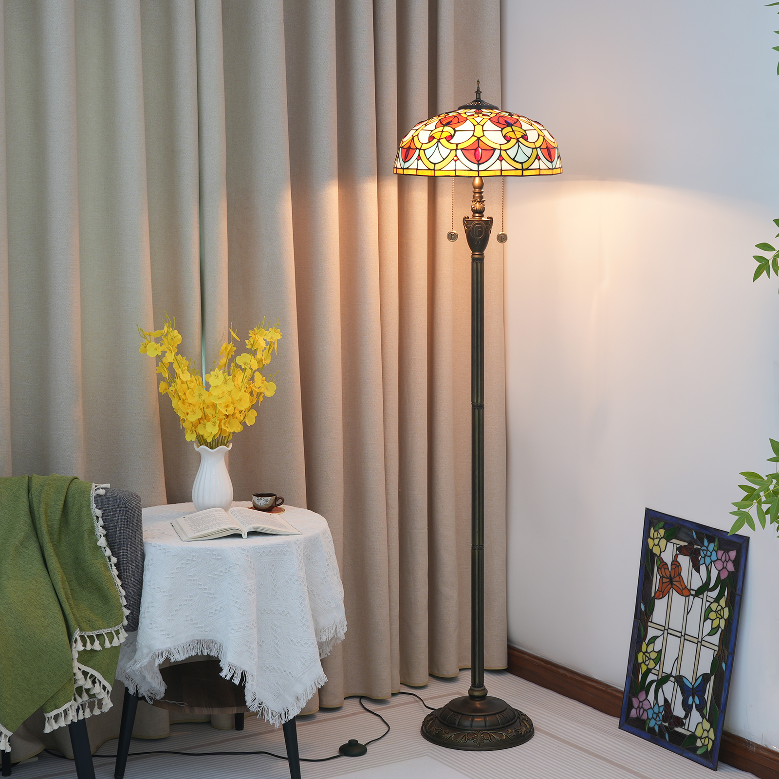 Blivuself Tiffany Floor Lamp Bohemian Style 16 Inch Orange Peach Heart Handmade Stained Glass Lamp Shade, Indoor Lighting Reading European Vintage Style Home Decoration For Bedroom Living Room Office Study 16 Inch Peach Heart Beads -OF Floor Lamp OFN33