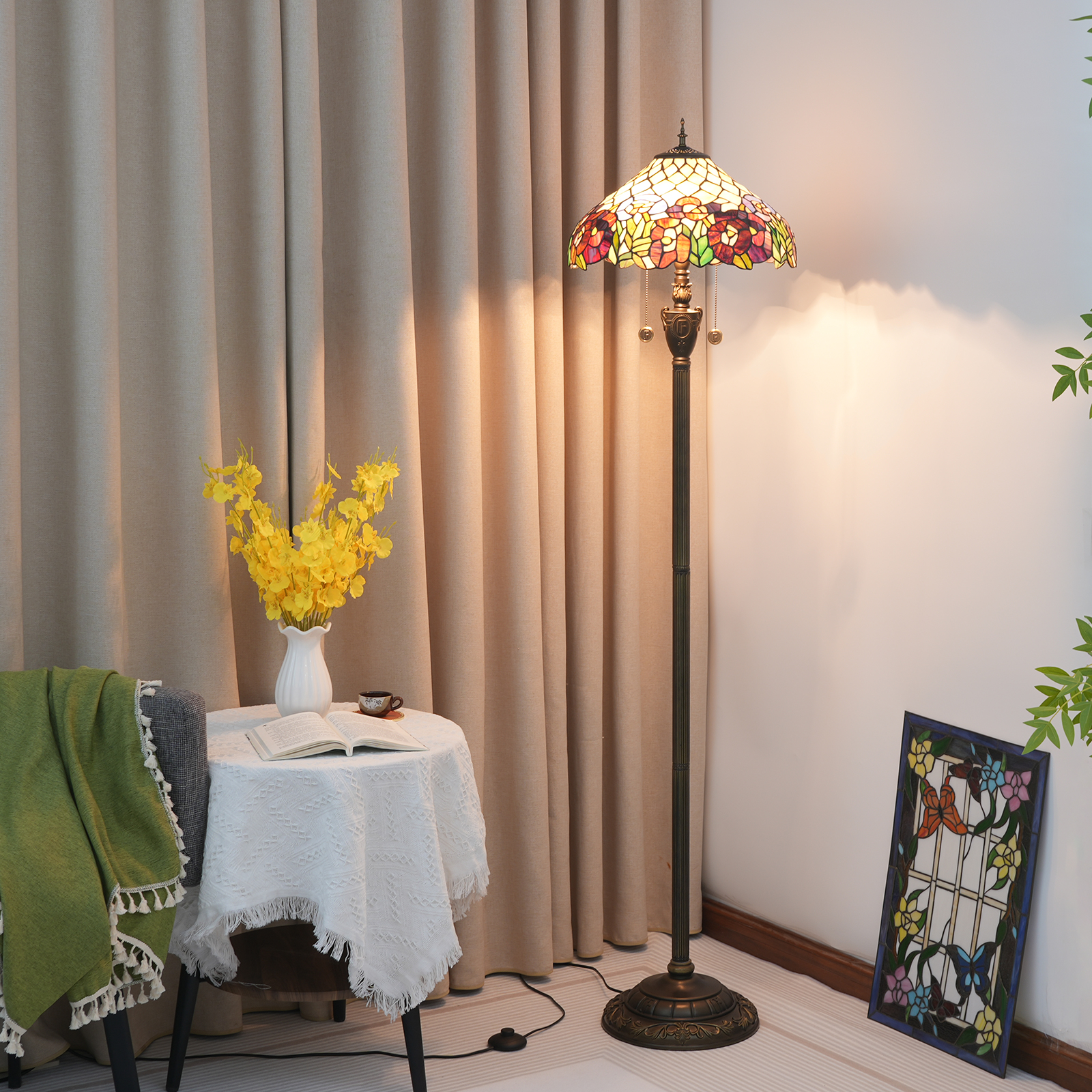 Blivuself Tiffany Floor Lamp European And American Garden Style 16 Inch Clematis Hand-Made  Stained  Glass Lamp Shade, Indoor Lighting Reading European Vintage Style Home Decoration For Bedroom Living Room Office Study And Other 16 Inch Clematis-OF Floor Lamp OFN35