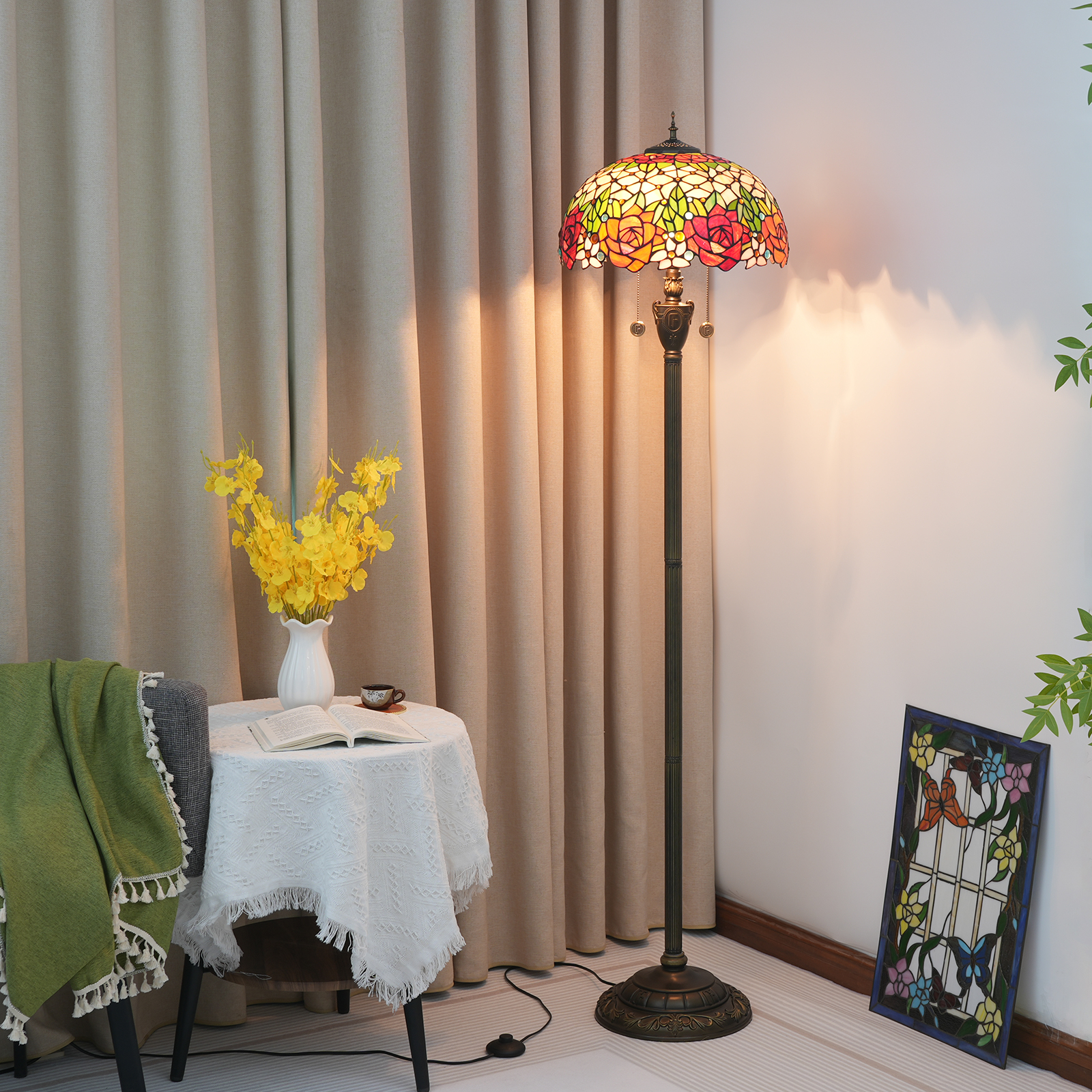 Blivuself Tiffany Floor Lamp Victorian Style 16 Inch Red Orange Two-Color Rose Hand-Made Stained Glass Lamp Shade, Indoor Lighting Reading European Retro Pastoral Style Home Decoration For Bedroom Living Room Office Study, Etc. 16 Inch Gorgeous Rose -Of Floor Lamp OFN37