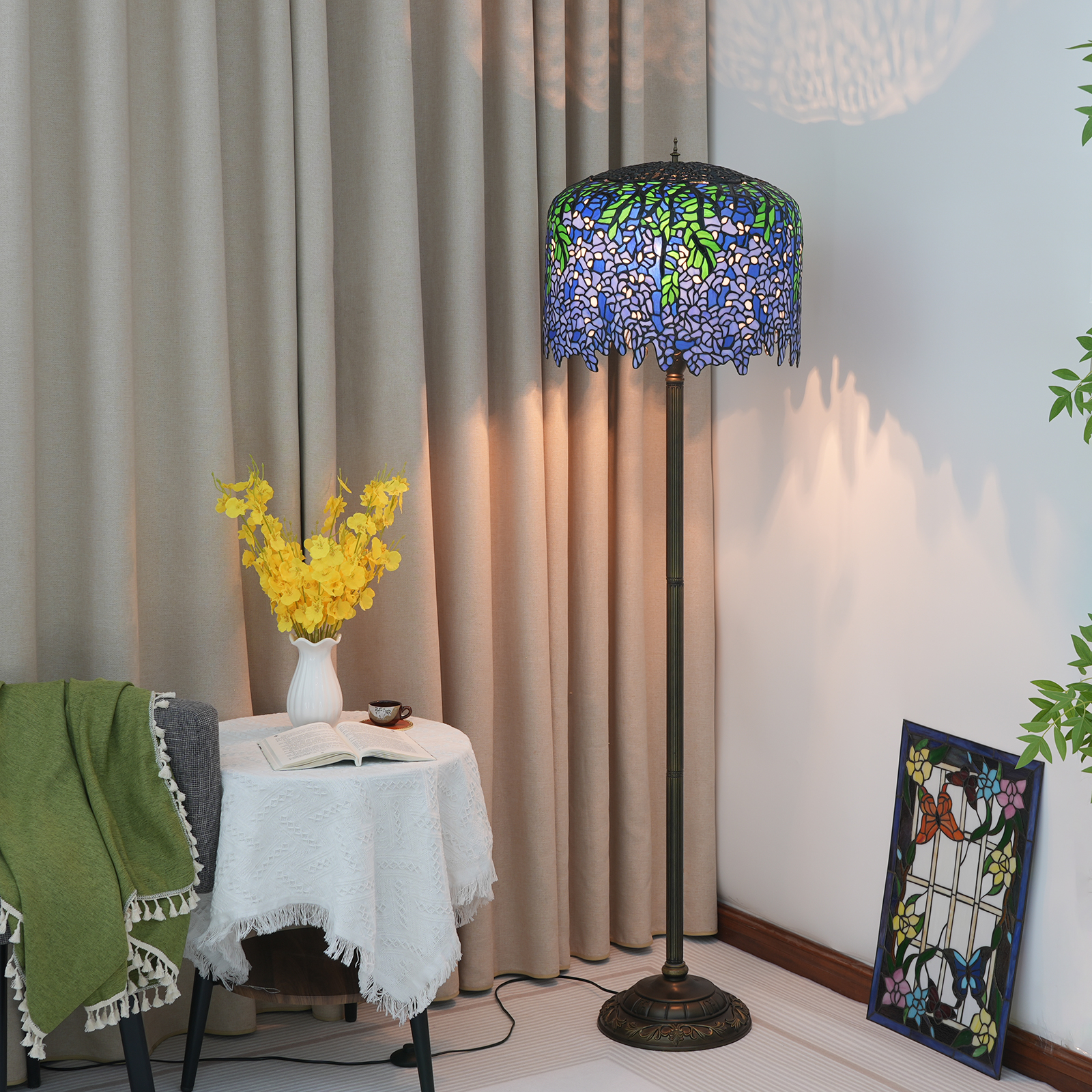 Blivuself Tiffany Floor Lamp Medieval Light Luxury Style 18-Inch Wisteria Flower Barrel Lamp Handmade Stained Glass Lamp Shade, Indoor Lighting Reading Vintage Classical Art Atmosphere Home Decoration Suitable For Bedroom Living Room Office Study 18-Inch Wisteria -OF Floor Lamp OFN38