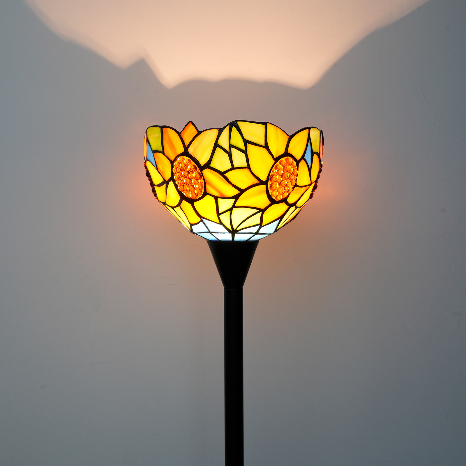 Blivuself Tiffany Floor Lamp 8-Inch Victorian Style Interior Lighting Reading Retro Pastoral Style Home Decoration, Blue Orange Sunflower Handmade Stained Glass Lamp Shade Suitable For Bedroom Living Room Office Study, 8-Inch Board Bead Blue Sunflower - Black Sky Floor Lamp OCT20