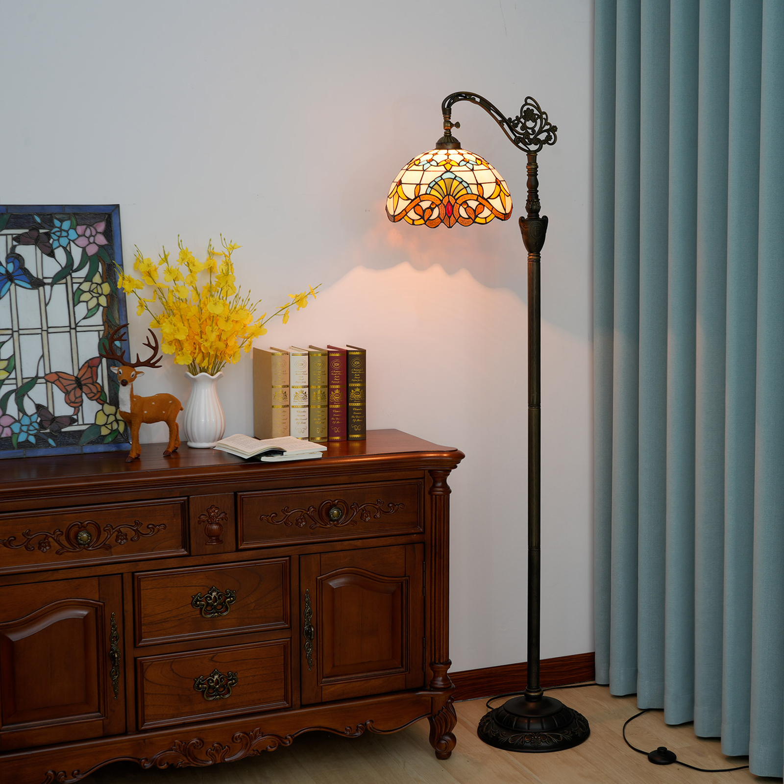 Blivuself Tiffany Floor Lamp Victorian Style 12 Inch Warm Yellow Baroque Interior Lighting Soft Light Arch Goosenock Adjustable Angle Reading Lamp Retro Pastoral Style Home Decoration, Hand-Made Stained Glass Lamp Shade For Bedroom Living Room Office Study, 12 Inch Baroque -Of Downward Floor Lamp OFX001