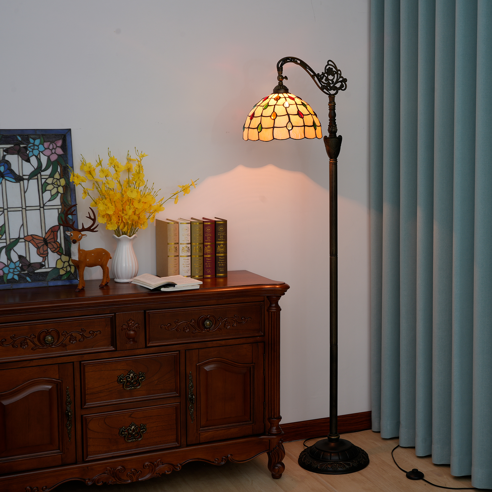 Blivuself Tiffany Floor Lamp Bohemian Style 12 Inches Warm Yellow Colored Beads Interior Lighting Soft Light Arch Swanneck Adjustable Angle Reading Light Retro Warm Style Home Decoration, Hand-Made Colored Glass Lamp Shade Suitable For Bedroom Living Room Office Study, 12 Inches Of Colored Beads -Of Downward Floor Lamp OFX002