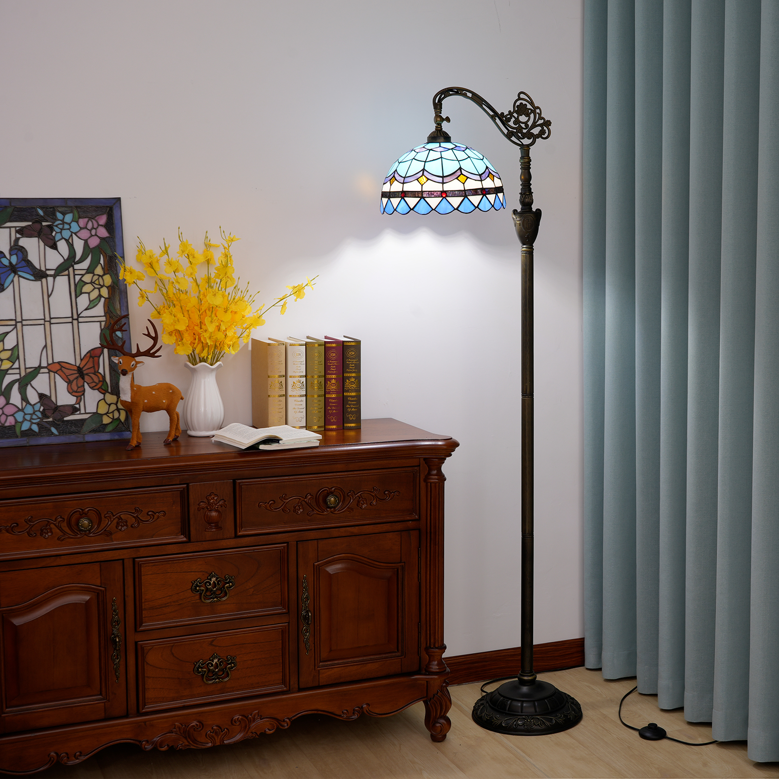 Blivuself Tiffany Floor Lamp Victorian Style 12 Inch Blue Mediterranean Feather Interior Lighting Soft Light Arch Goosenneck Adjustable Angle Reading Light Luxury Style Home Decoration, Hand-Made Stained Glass Lamp Shade For Bedroom Living Room Office Study, 12 Inch Mediterranean-Of Downward Floor Lamp - Feather OFX003