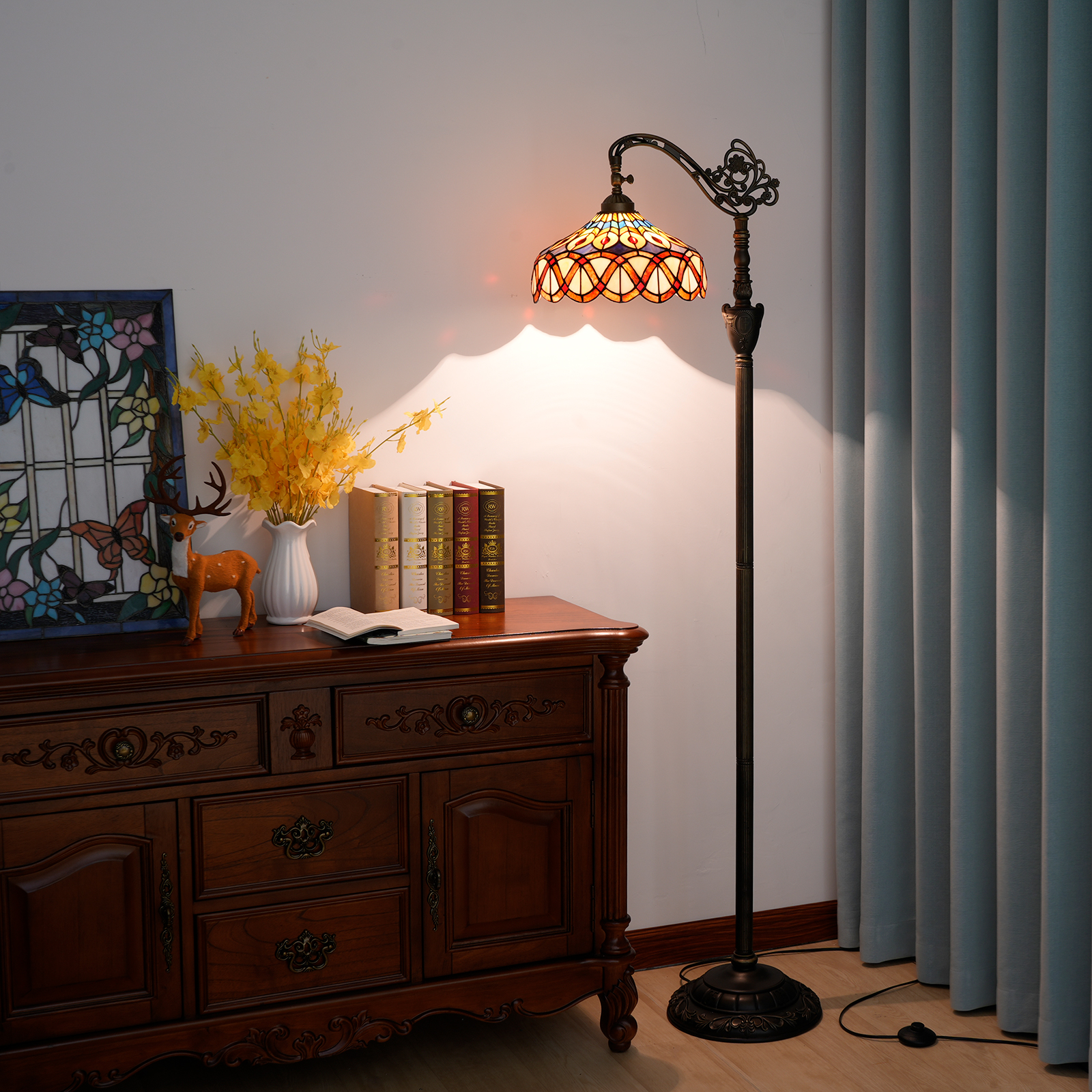 Blivuself Tiffany Floor Lamp Victorian Style 12 Inch Yellow Bottom Peacock Floor Lamp Indoor Lighting Soft Arch Goosenock Adjustable Angle Reading Lamp European Retro Style Home Decoration, Hand-Made Colored Glass Lamp Shade For Bedroom Living Room Office Study, 12 Inch Yellow Bottom Peacock -Of Downward Floor Lamp OFX006