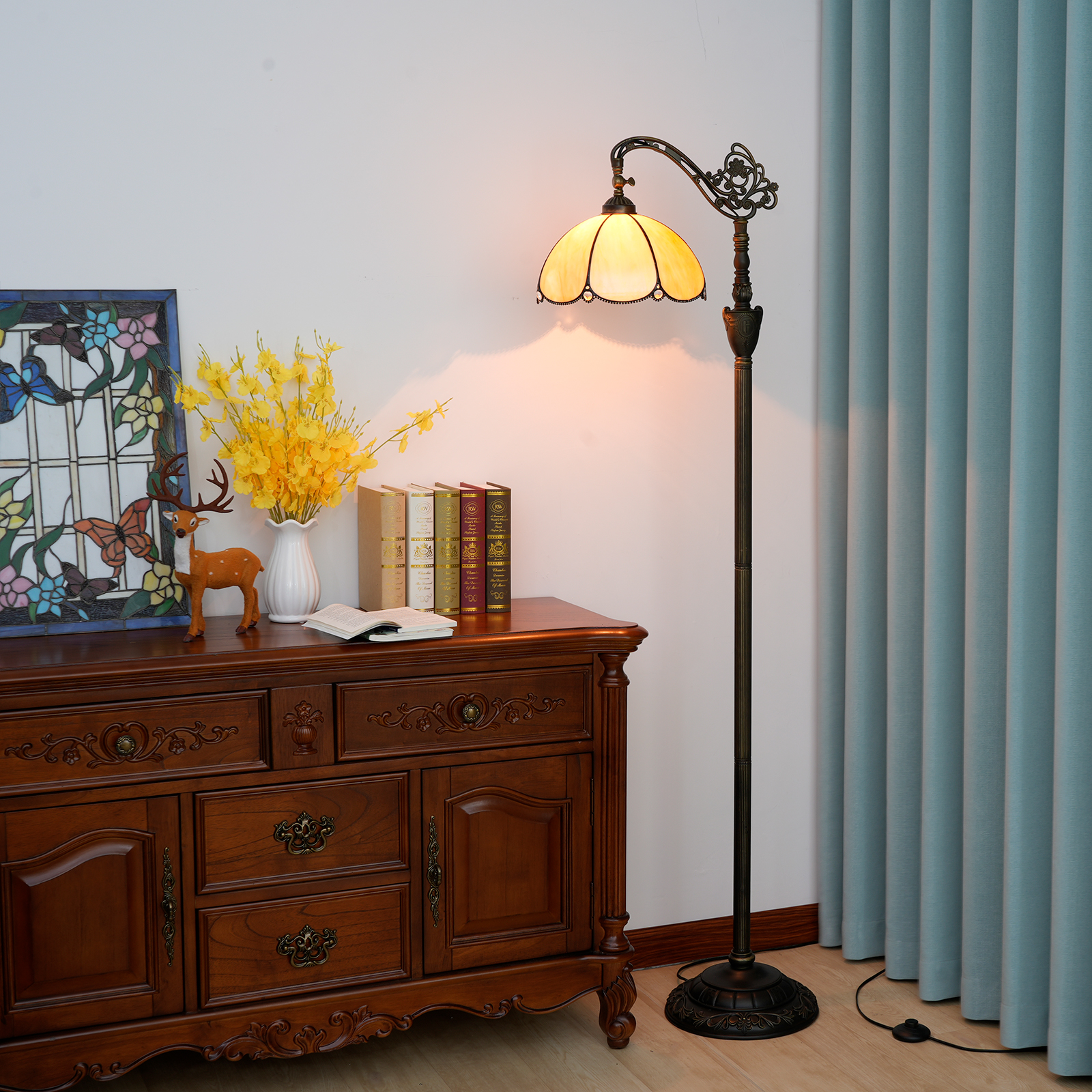 Blivuself Tiffany Floor Lamp Victorian Style 12 Inch Yellow Baked Curved Floor Lamp Indoor Lighting Soft Arch Goosenneck Adjustable Angle Reading Lamp European Retro Style Home Decoration, Hand-Made Stained Glass Lamp Shade Suitable For Bedroom Living Room Office Study, 12 Inch Simple European Baked Curved -OF Floor Lamp OFX007