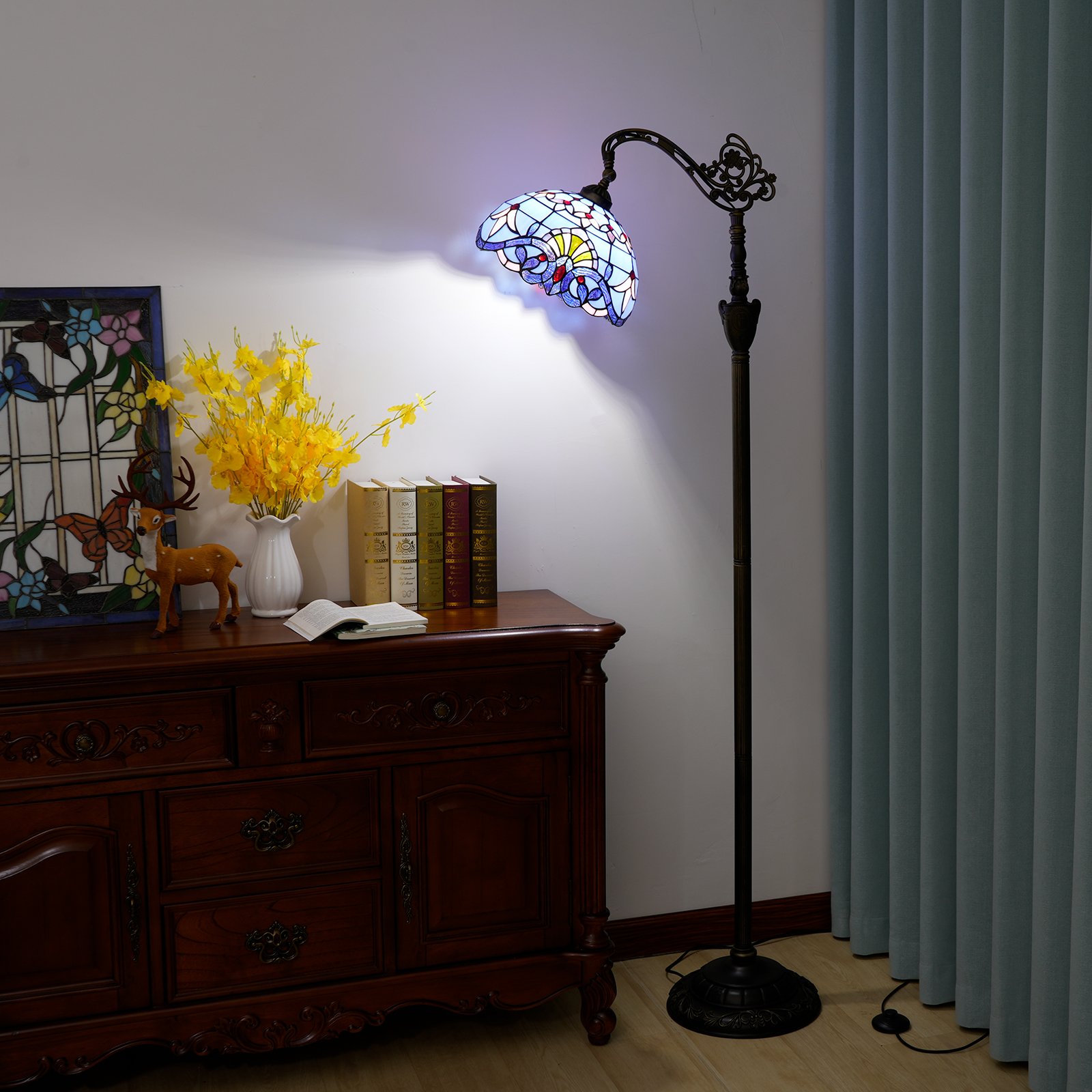 Blivuself Tiffany Floor Lamp Bohemian Style 12 Inches Lavender Purple Baroque Floor Lamp Interior Lighting Soft Arch Goosenock Adjustable Angle Reading Lamp Classical Art Style Home Decoration, Hand-Made Colored Glass Lamp Shade For Bedroom Living Room Office Study, 12 Inches Blue Baroque -Of Downward Floor Lamp OFX010