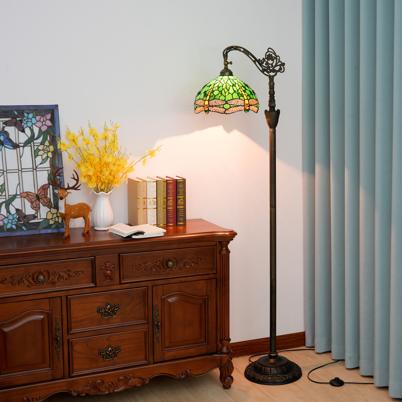Blivuself Tiffany Floor Lamp Victorian Style 12 Inch Green Dragonfly Floor Lamp Indoor Lighting Soft Arch Swan Neck Adjustable Angle Reading Light Country Style Atmosphere Home Decoration, Hand-Made Stained Glass Lamp Shade Suitable For Bedroom Living Room Office Study, 12 Inch Green Dragonfly -Of Downward Floor Lamp OFX012