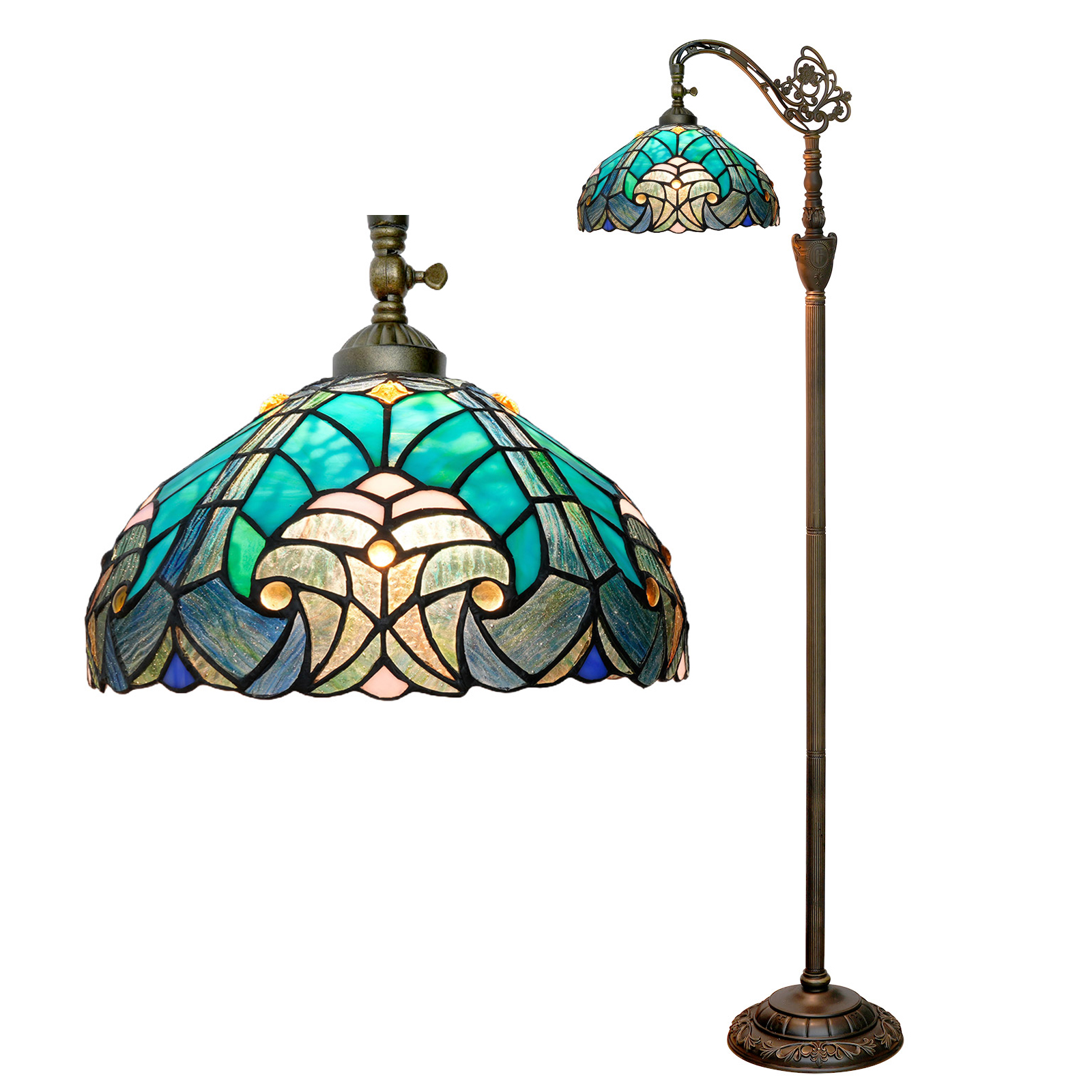 Blivuself Tiffany Floor Lamp Bohemian Style 12 Inch Blue Spot Floor Lamp Interior Lighting Soft Arch Goosenneck Adjustable Angle Reading Lamp Warm Atmosphere To Create Home Decoration, Hand-Made Stained Glass Lamp Shade Suitable For Bedroom Living Room Office Study, 12 Inch Blue Spot -Of Downward Floor Lamp OFX013