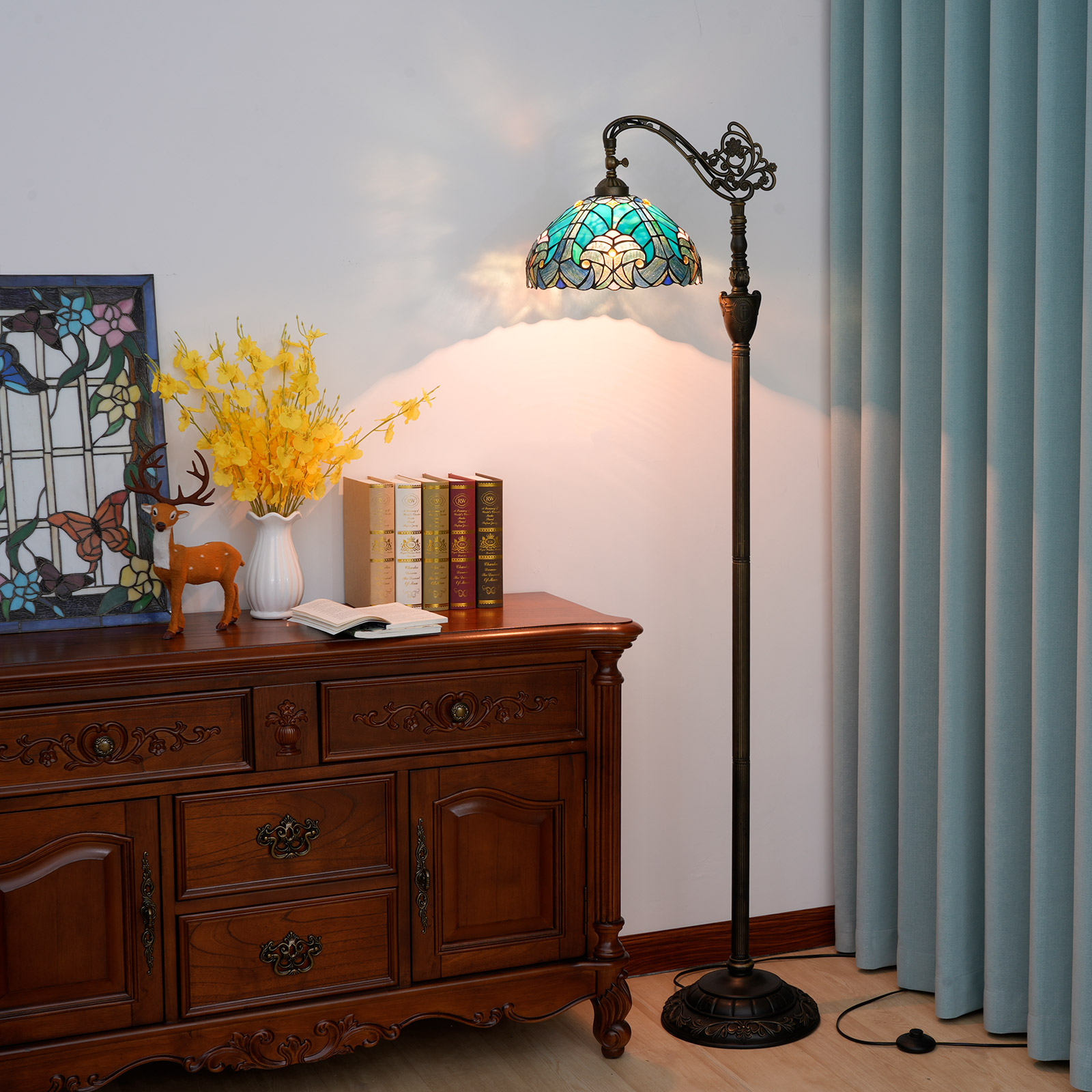 Blivuself Tiffany Floor Lamp Bohemian Style 12 Inch Blue Spot Floor Lamp Interior Lighting Soft Arch Goosenneck Adjustable Angle Reading Lamp Warm Atmosphere To Create Home Decoration, Hand-Made Stained Glass Lamp Shade Suitable For Bedroom Living Room Office Study, 12 Inch Blue Spot -Of Downward Floor Lamp OFX013