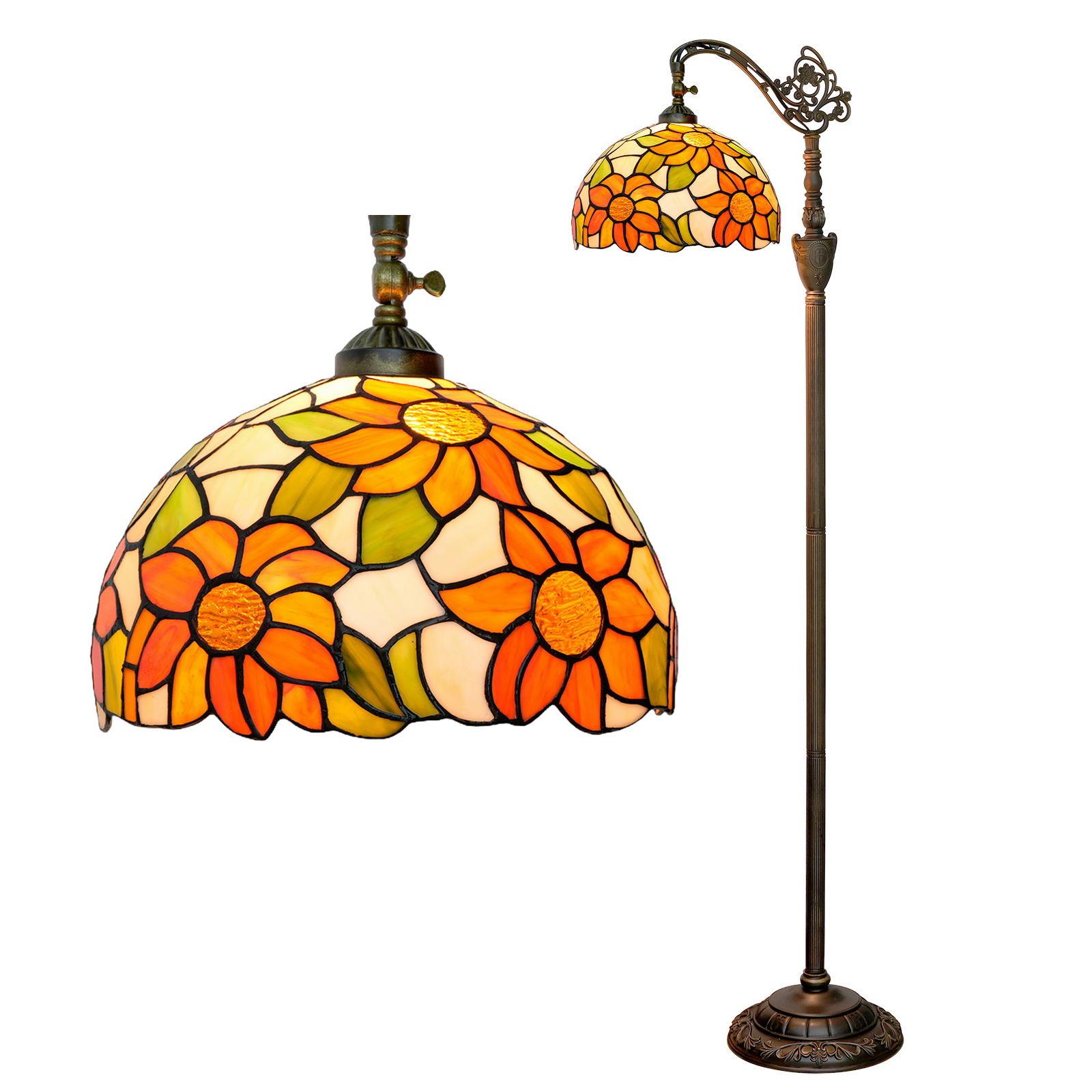 Blivuself Tiffany Floor Lamp Retro Country Style 12-Inch White Orange Sunflower Floor Lamp Indoor Lighting Soft Arch Goosenneck Adjustable Angle Reading Lamp Romantic Warm Atmosphere To Create Home Decoration, Hand-Made Stained Glass Lamp Shade Suitable For Bedroom Living Room Office Study, 12-Inch White Sunflower-Of Downward Floor Lamp OFX015