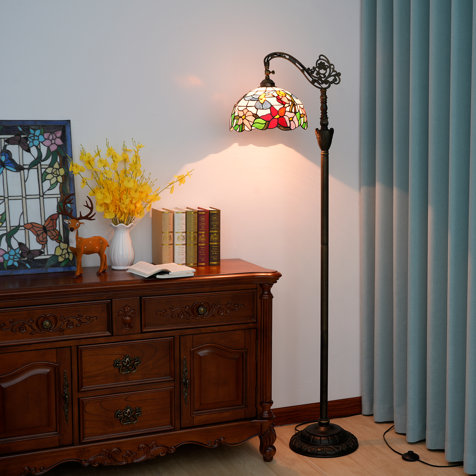 Blivuself Tiffany Floor Lamp Bohemian Style 12-Inch Blue Hummingbird Floor Lamp Indoor Lighting Soft Arch Goosenneck Adjustable Angle Reading Lamp Classical Art Home Decoration, Hand-Made Colored Glass Lamp Shade Suitable For Bedroom Living Room Office Study, 12 Inch Bird-Of Downward Floor Lamp OFX016