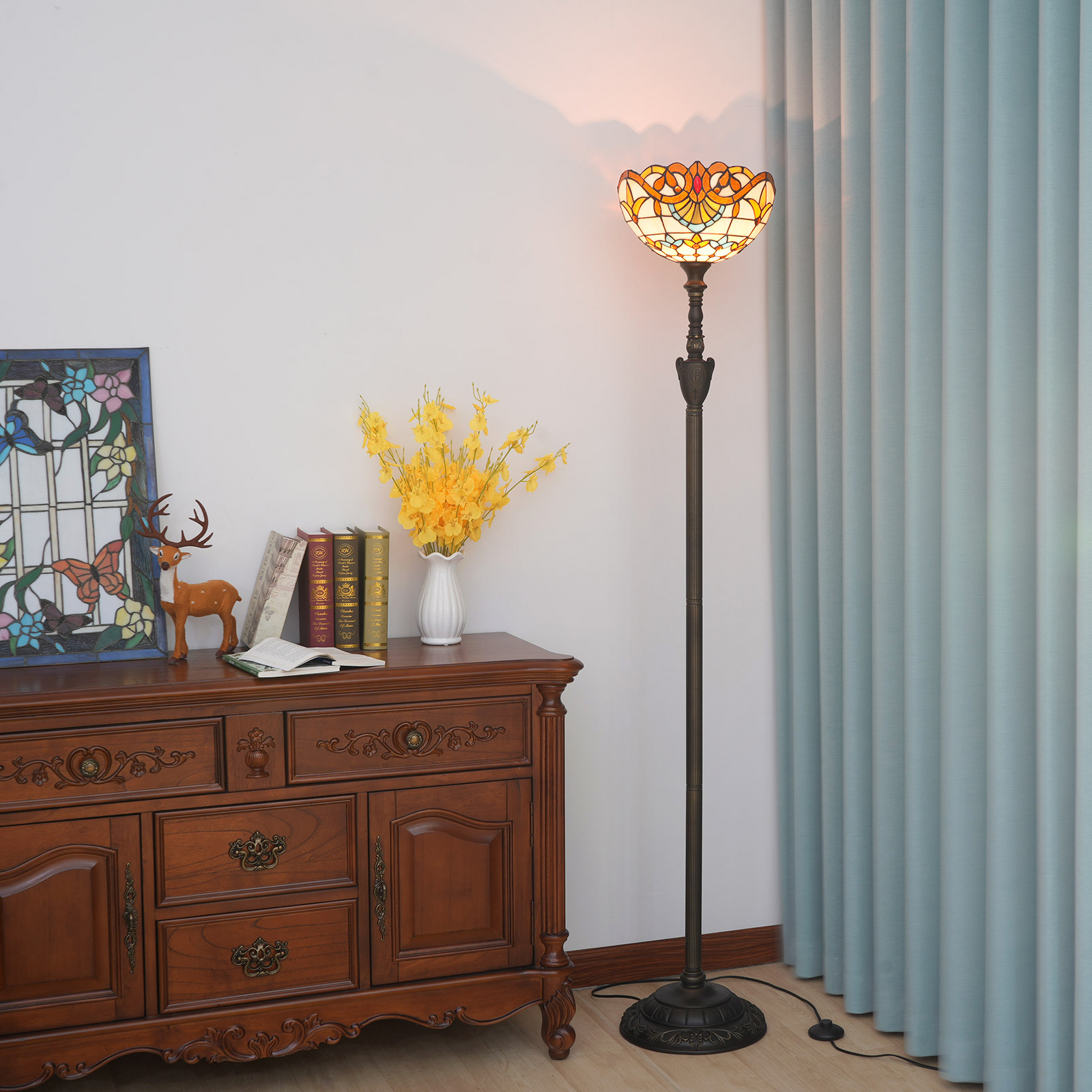 Blivuself Tiffany Floor Lamp European Retro Style 12 Inch Yellow Baroque Handmade Stained Glass Lampshade, Vertical Pole Type Up Floor Lamp, Interior Lighting Traditional Classical Art Atmosphere Home Decoration For Bedrooms, Living Rooms, Offices, Study, 12 Inch Baroque-Of Up Floor Lamp OFXS001