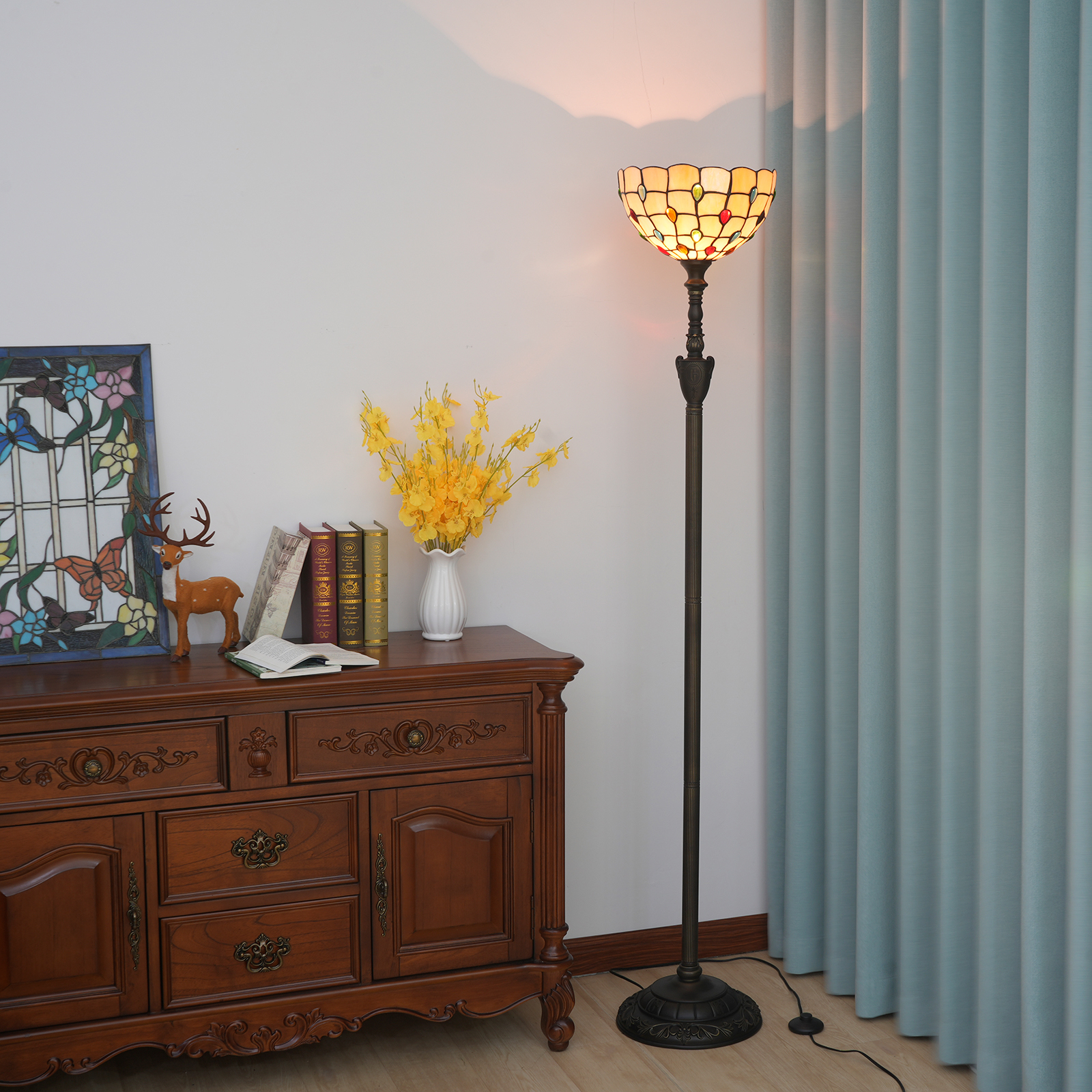 Blivuself Tiffany Floor Lamp Traditional European Style 12 Inch Yellow Colored Beads Handmade  Stained Glass Lamp Shade, Vertical Pole Type Upward Floor Lamp, Indoor Lighting Retro Style Home Decoration Suitable For Bedroom Living Room Office Study, 12 Inch Colored Beads -Of Upward Floor Lamp OFXS002