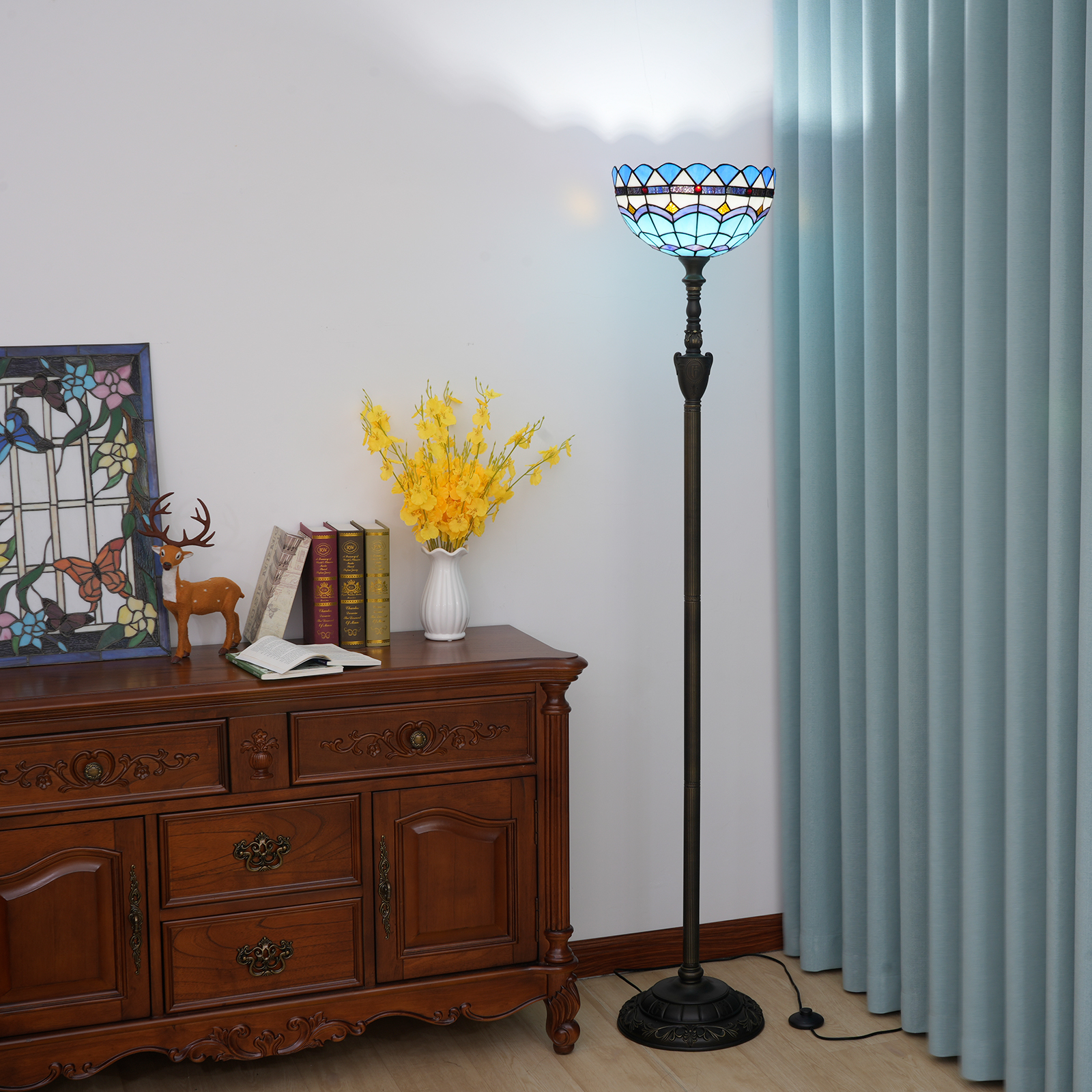 Blivuself Tiffany Floor Lamp Victorian Style 12 Inch Blue Mediterranean Feather Handmade Stained Glass Lampshade, Vertical Pole Type Up Floor Lamp, Interior Lighting Light Luxury Style Home Decoration Is Suitable For Bedroom Living Room Office Study, 12 Inch Mediterranean -Of Up Floor Lamp - Feather OFXS003