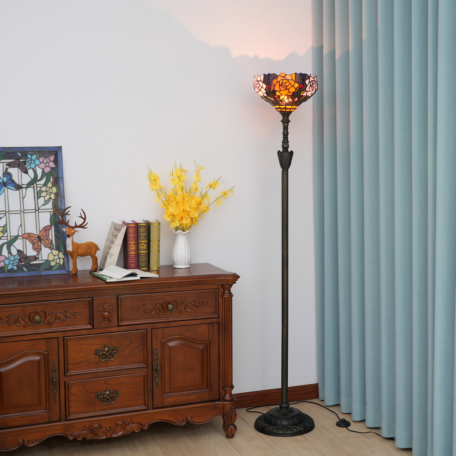 Blivuself Tiffany Floor Lamp Victorian Style 12 Inches Deep Purple Background Powder Purple Orange Rose Hand-Made Colored Glass Lamp Shade, Vertical Pole Type Upward Floor Lamp, Indoor Lighting Light Luxury Style Home Decoration Suitable For Bedroom Living Room Office Study, 12 Inches Black Rose-OF Upward Floor Lamp OFXS004