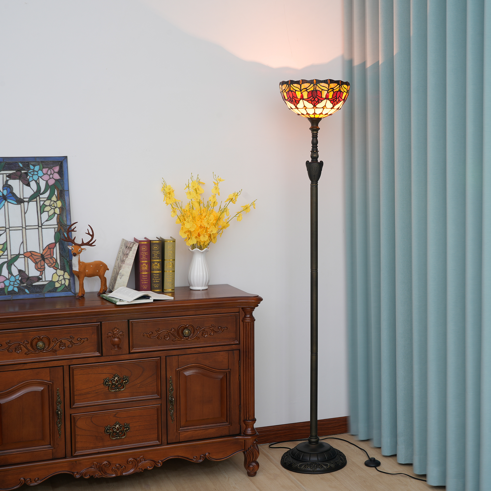 Blivuself Tiffany Floor Lamp Victorian Style 12 Inch Red Tulip Handmade Colored Glass Lamp Shade, Vertical Pole Type Upward Floor Lamp, Interior Lighting Retro Pastoral Style Home Decoration For Bedroom Living Room Office Study, 12 Inch Red Tulip -Of Upward Floor Lamp OFXS005