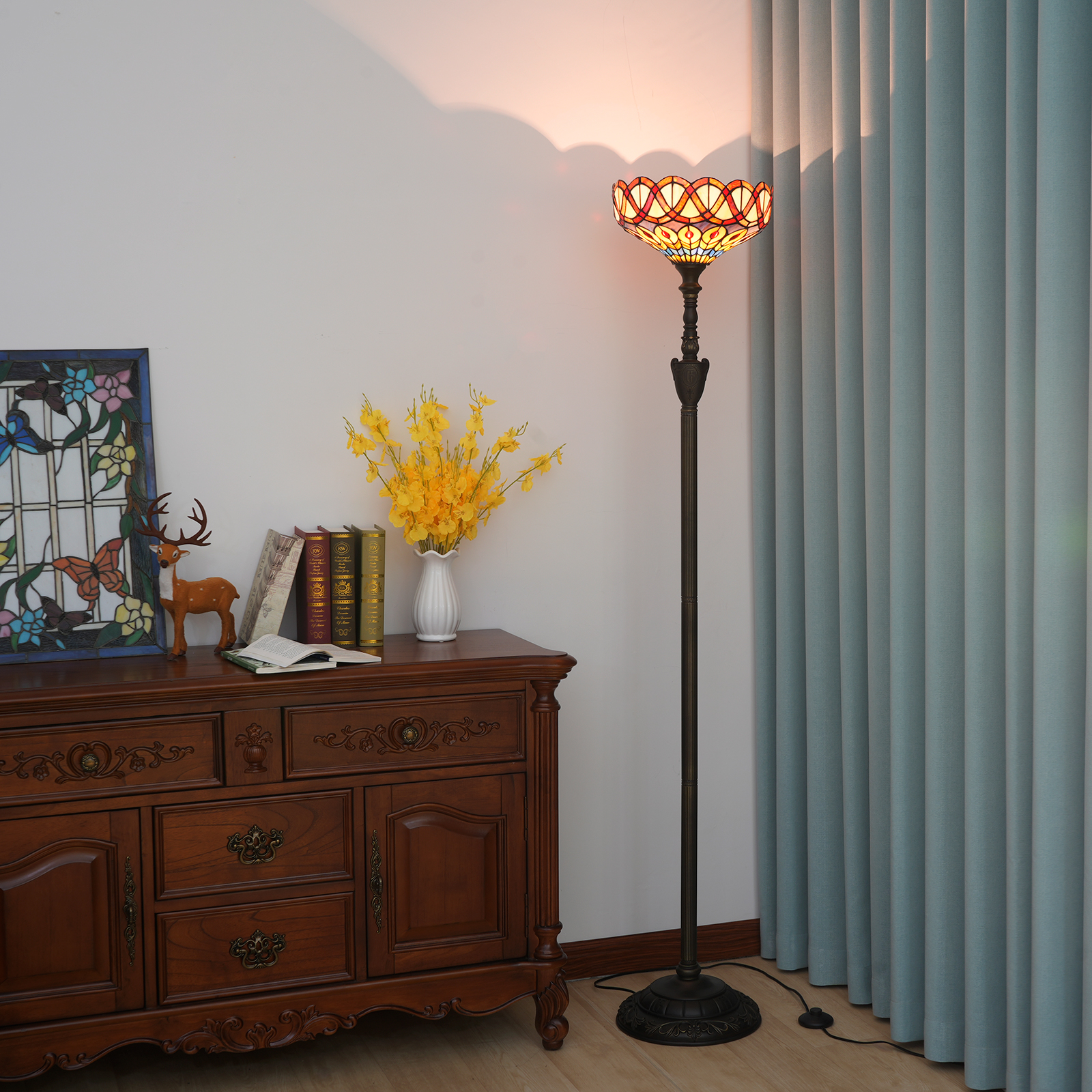 Blivuself Tiffany Floor Lamp Bohemian Style 12 Inch Yellow Peacock Tail Handmade Stained Glass Lamp Shade, Upright Pole Type Upward Floor Lamp, Indoor Lighting Retro Warm Style Home Decoration Suitable For Bedroom Living Room Office Study, 12 Inch Yellow Peacock -OF Upward Floor Lamp OFXS006