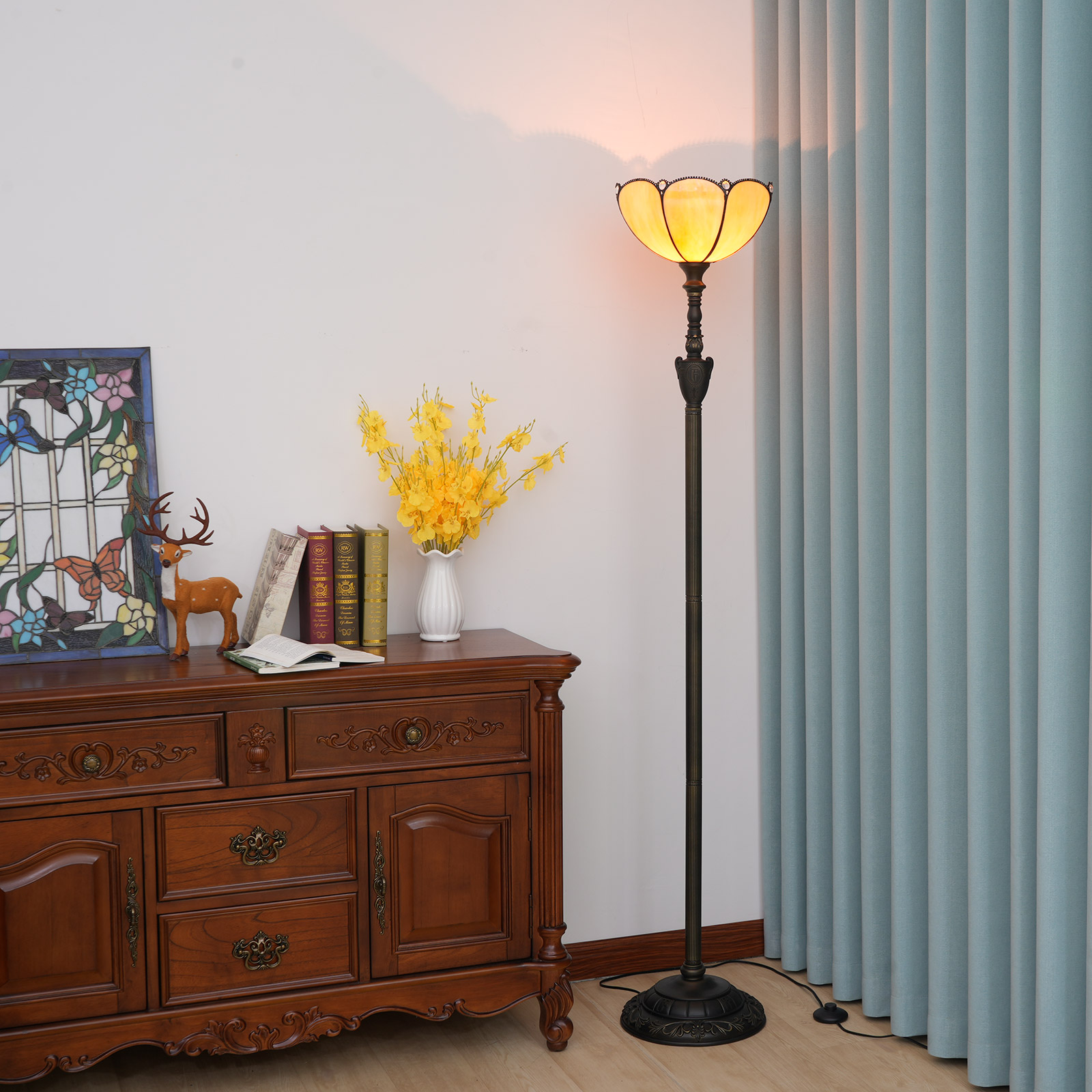 Blivuself Tiffany Floor Lamp Bohemian Style 12 Inch Yellow Baked Bend Handmade Stained Glass Lamp Shade, Vertical Pole Type Upward Floor Lamp, Interior Lighting Classical Art Style Home Decoration Suitable For Bedroom Living Room Office Study, 12 Inch Simple European Baked Bend -OF Upward Floor Lamp OFXS007