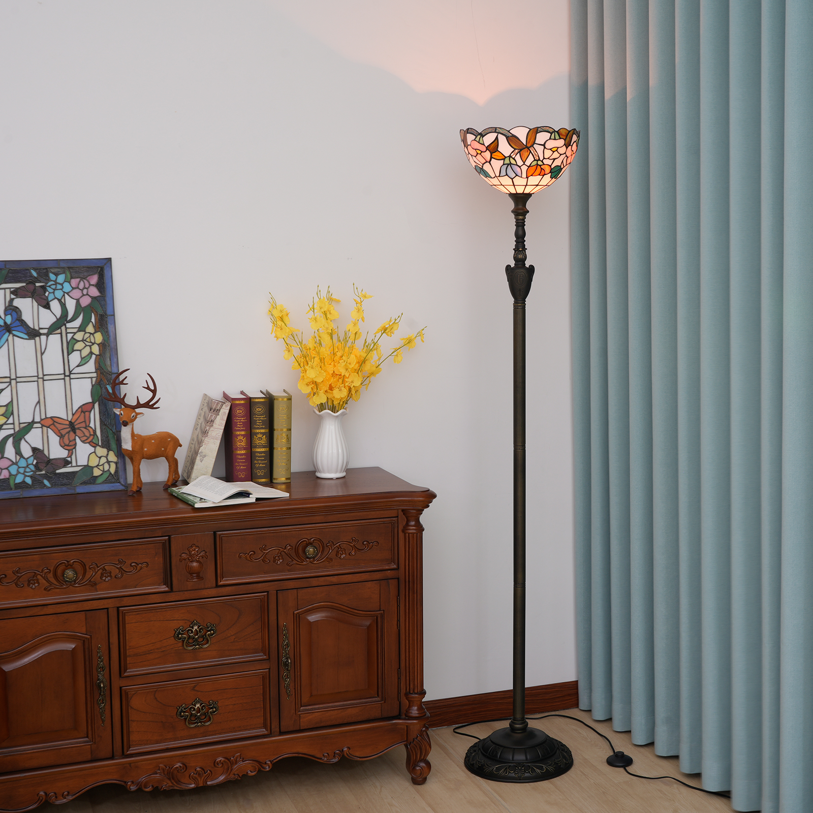 Blivuself Tiffany Floor Lamp Bohemian Style 12 Inches White Morning Glory Handmade Stained Glass Lamp Shade, Vertical Pole Type Upward Floor Lamp, Indoor Lighting Pastoral Style Home Decoration Suitable For Bedroom Living Room Office Study, 12 Inches Trumpet flowers -Of Upward Floor Lamp OFXS008