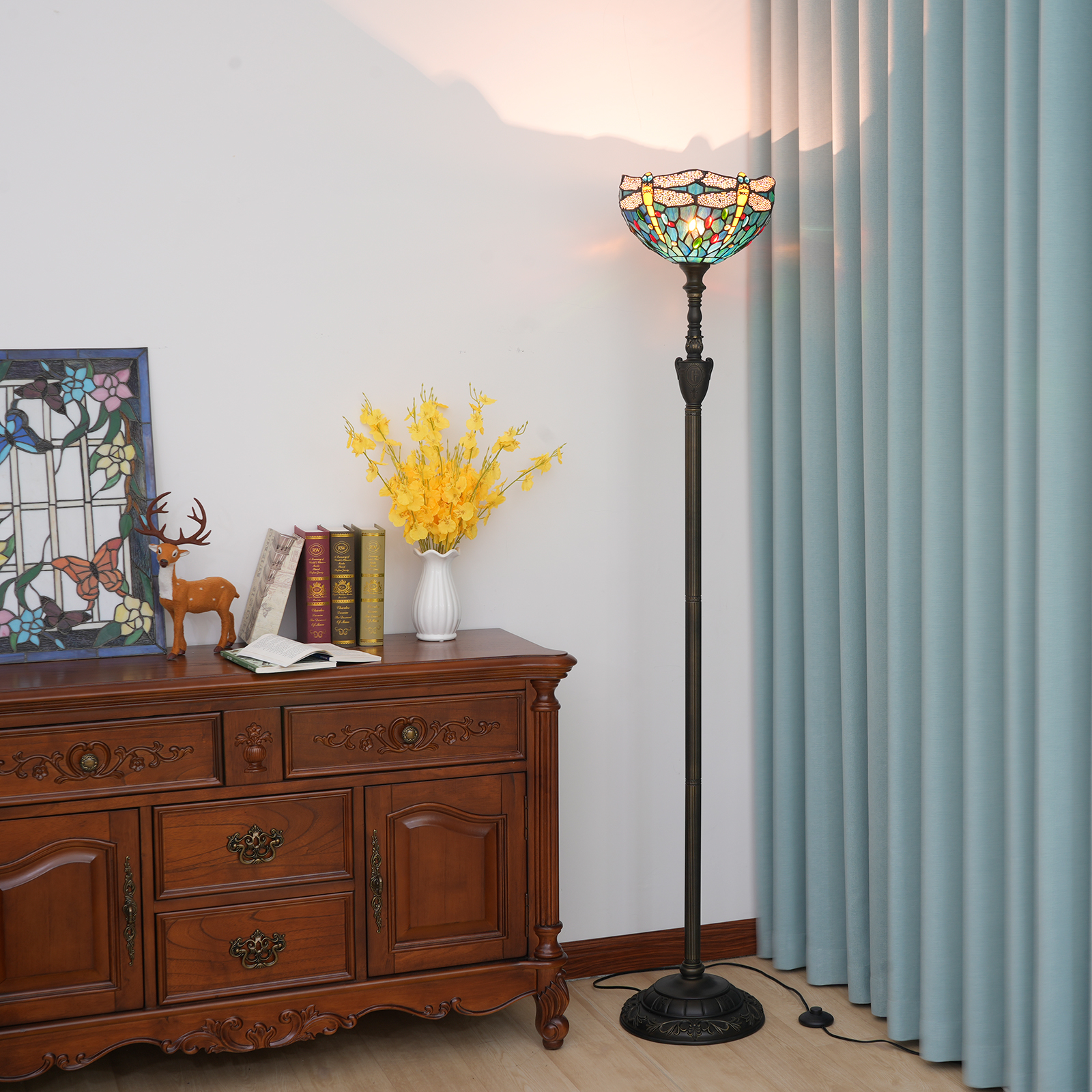 Blivuself Tiffany Floor Lamp European Retro Pastoral Style 12-Inch Blue-Green Dragonfly Hand-Made Colored Glass Lampshade, Upright Pole Type Upward Floor Lamp, Indoor Lighting Dragonfly Style Home Decoration Suitable For Bedroom Living Room Office Study, 12-Inch Blue-Green Dragonfly -Of Upward Floor Lamp OFXS009