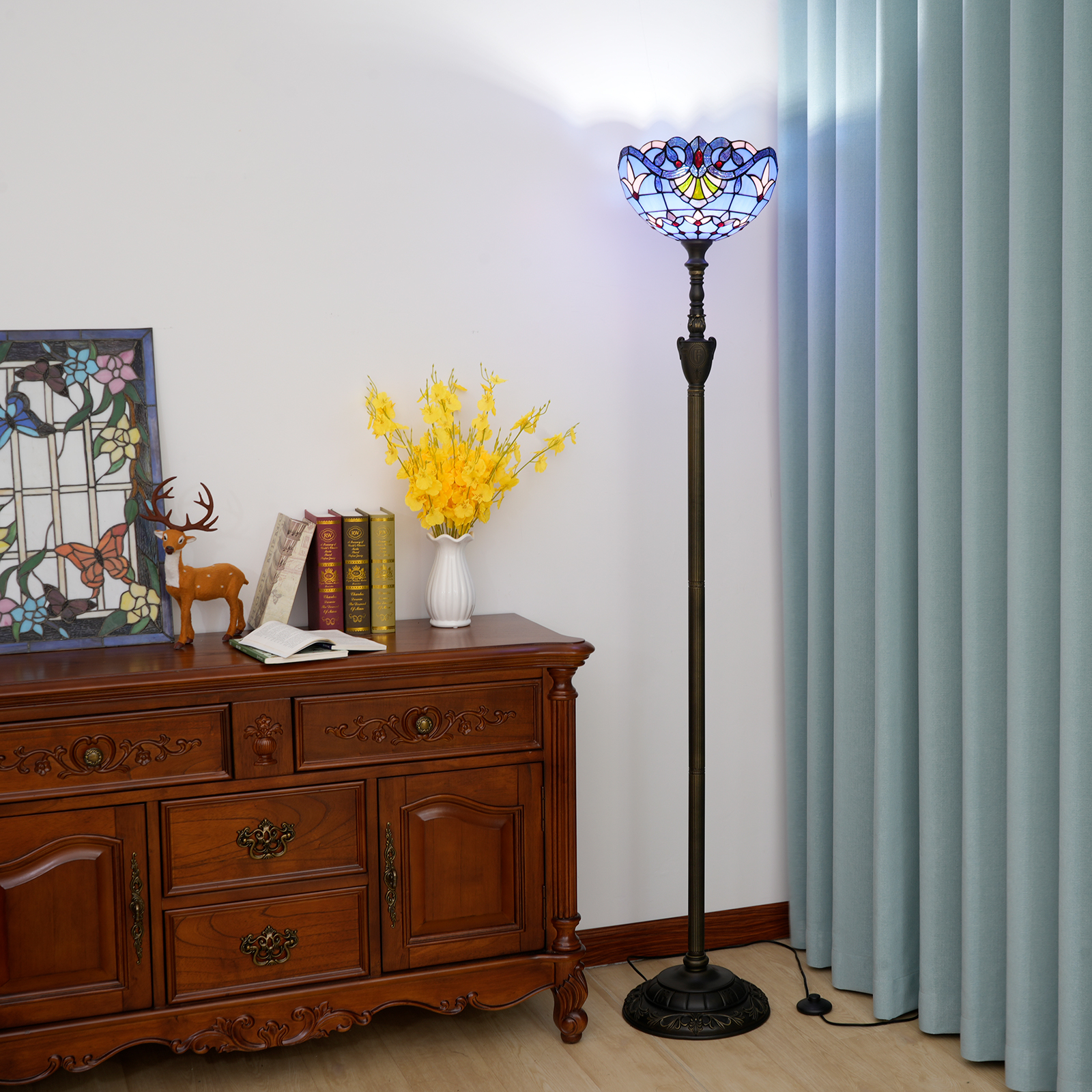 Blivuself Tiffany Floor Lamp Navia Style 12 Inch Lavender Purple Blue Baroque Hand-Made Stained Glass Lamp Shade, Vertical Pole Type Upward Floor Lamp, Interior Lighting Medieval Retro Style Home Decoration For Bedroom Living Room Office Study, 12 Inch Blue Baroque -Of Upward Floor Lamp OFXS010