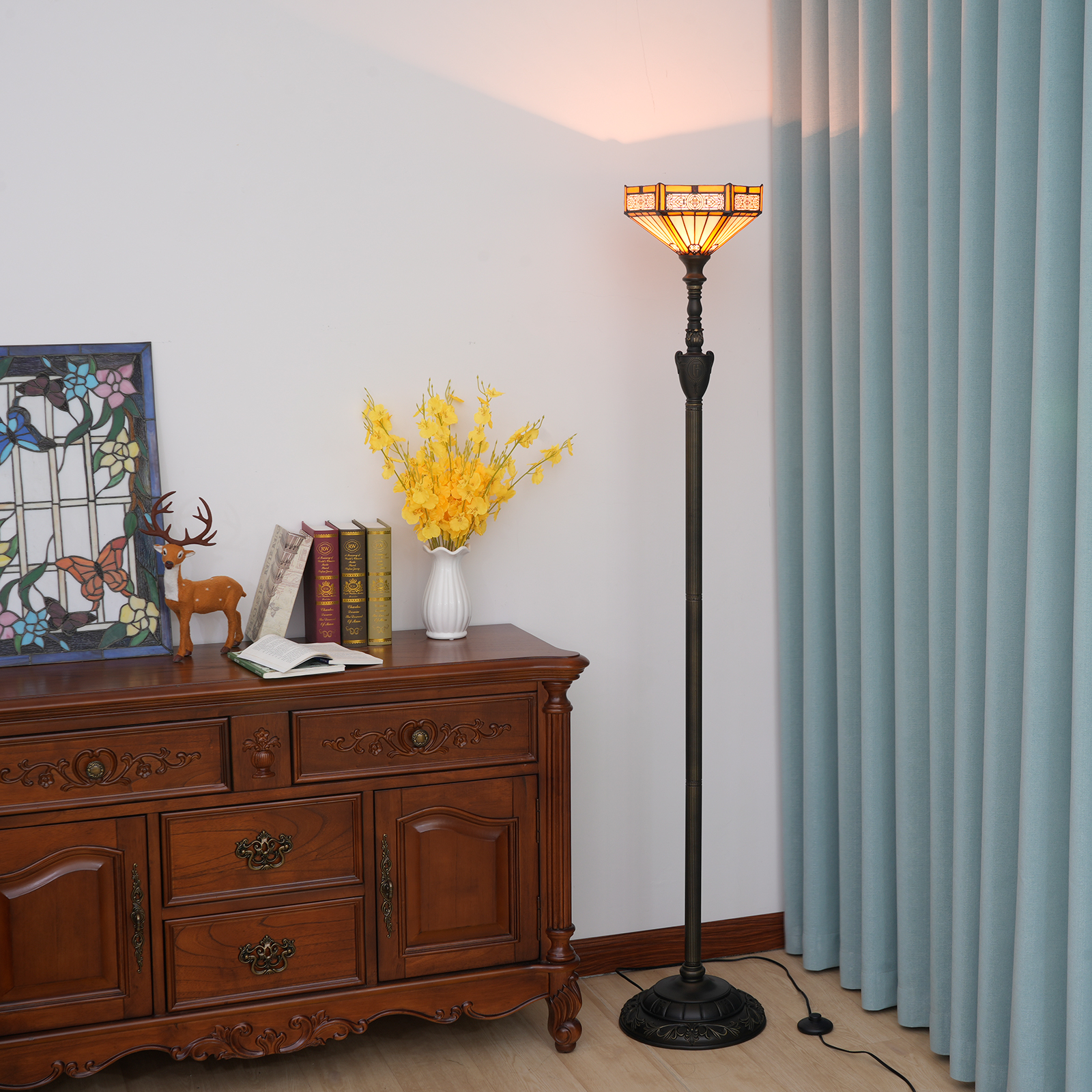 Blivuself Tiffany Floor Lamp Navia-Style 10-Inch Chinese Traditional Copper Net Hexagon Hand-Made Stained Glass Lamp Shade, Vertical Pole Type Upward Floor Lamp, Interior Lighting Medieval Retro Style Home Decoration Suitable For Bedroom Living Room Office Study, 10-Inch Chinese Hexagon-OF Upward Floor Lamp OFXS011