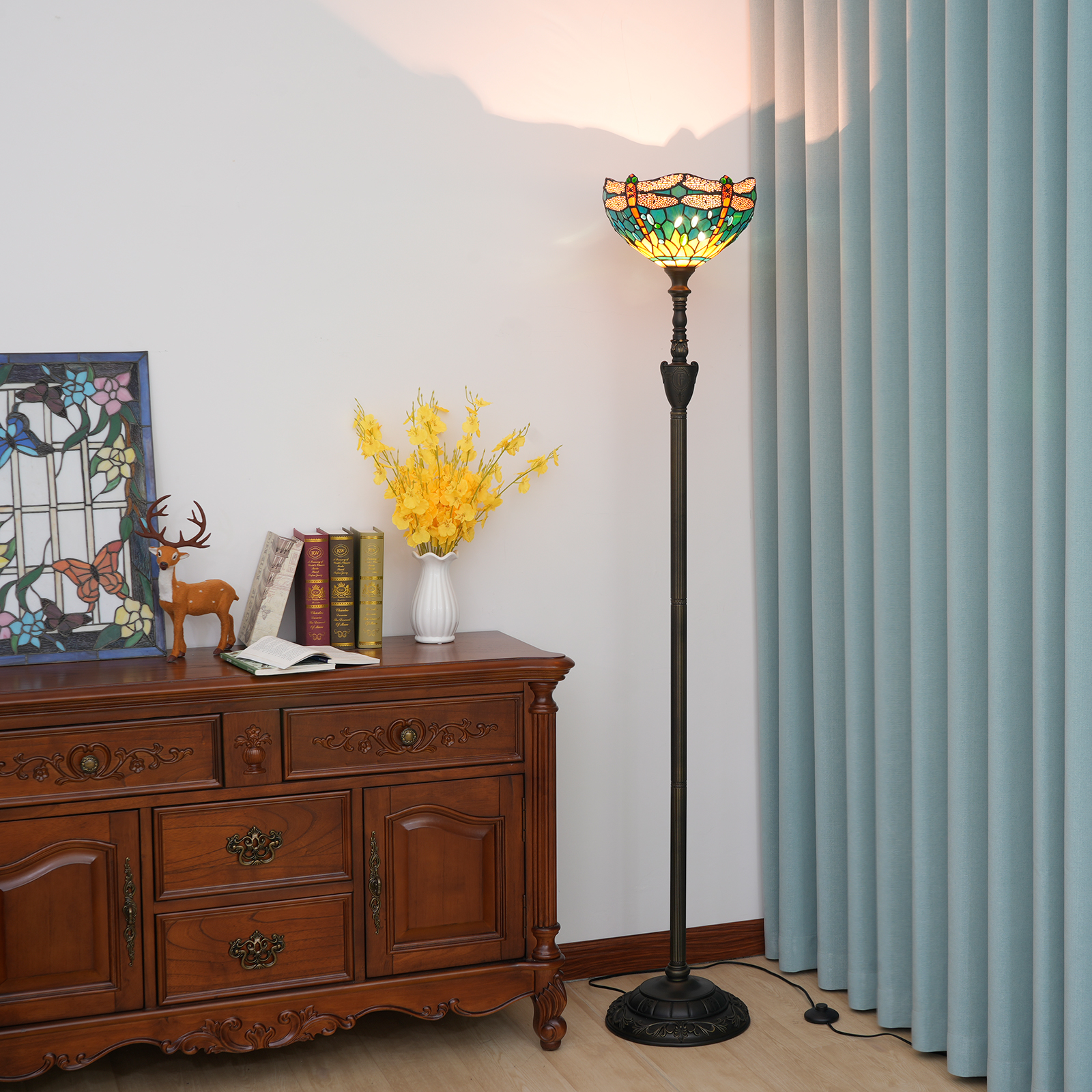 Blivuself Tiffany Floor Lamp Victorian Style 12 Inch Green Ground Red Dragonfly Handmade Colored Glass Lampshade, Vertical Pole Type Upward Floor Lamp, Interior Lighting Medieval Vintage Dragonfly Style Home Decoration For Bedroom Living Room Office Study, 12 Inch Green Yellow Dragonfly -Of Upward Floor Lamp OFXS012