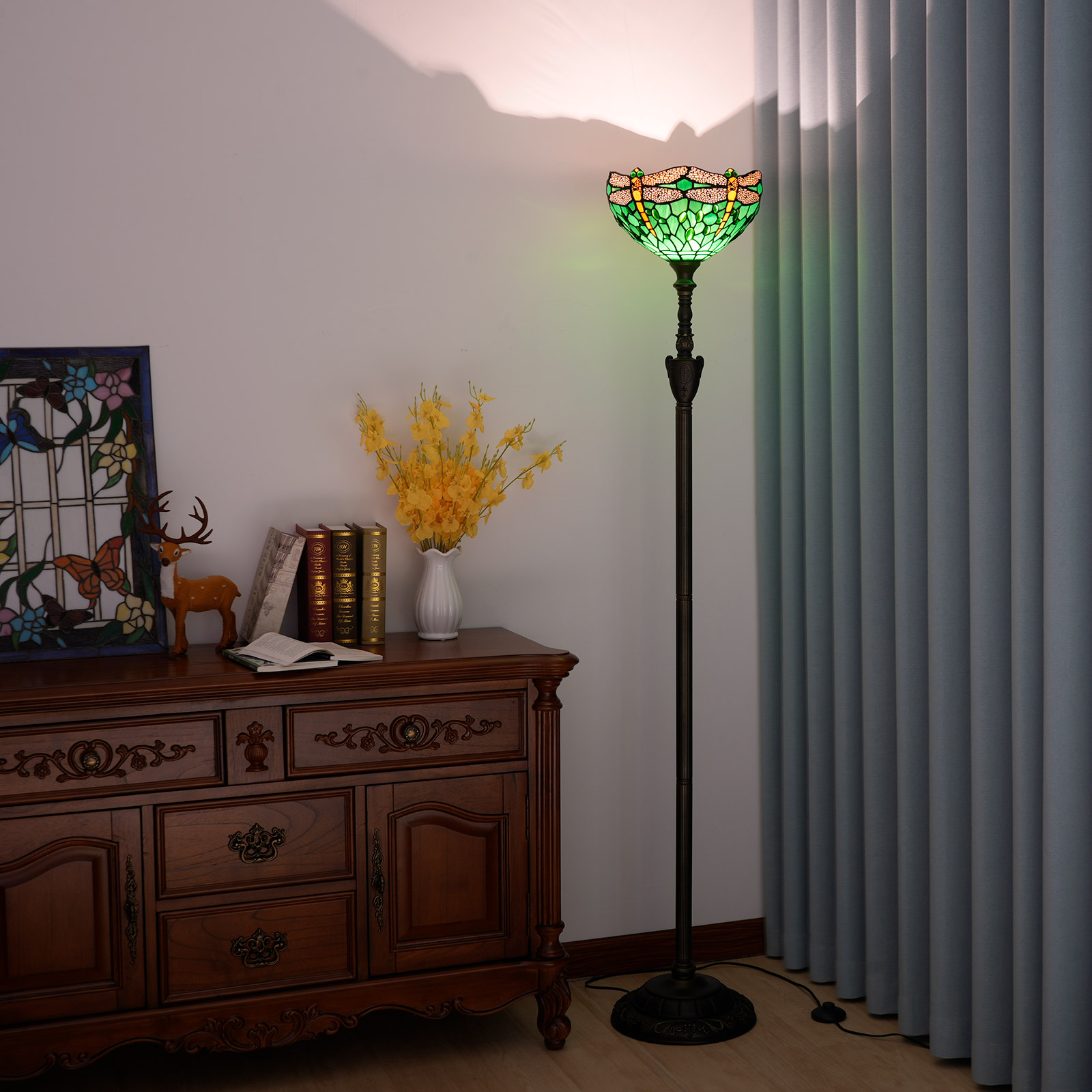 Blivuself Tiffany Floor Lamp Victorian Style 12 Inch Green Dragonfly Handmade Stained Glass Lampshade, Vertical Pole Type Upward Floor Lamp, Indoor Lighting Dragonfly Retro Home Decoration Suitable For Bedroom Living Room Office Study, 12 Inch Green Dragonfly -Of Upward Floor Lamp OFXS013