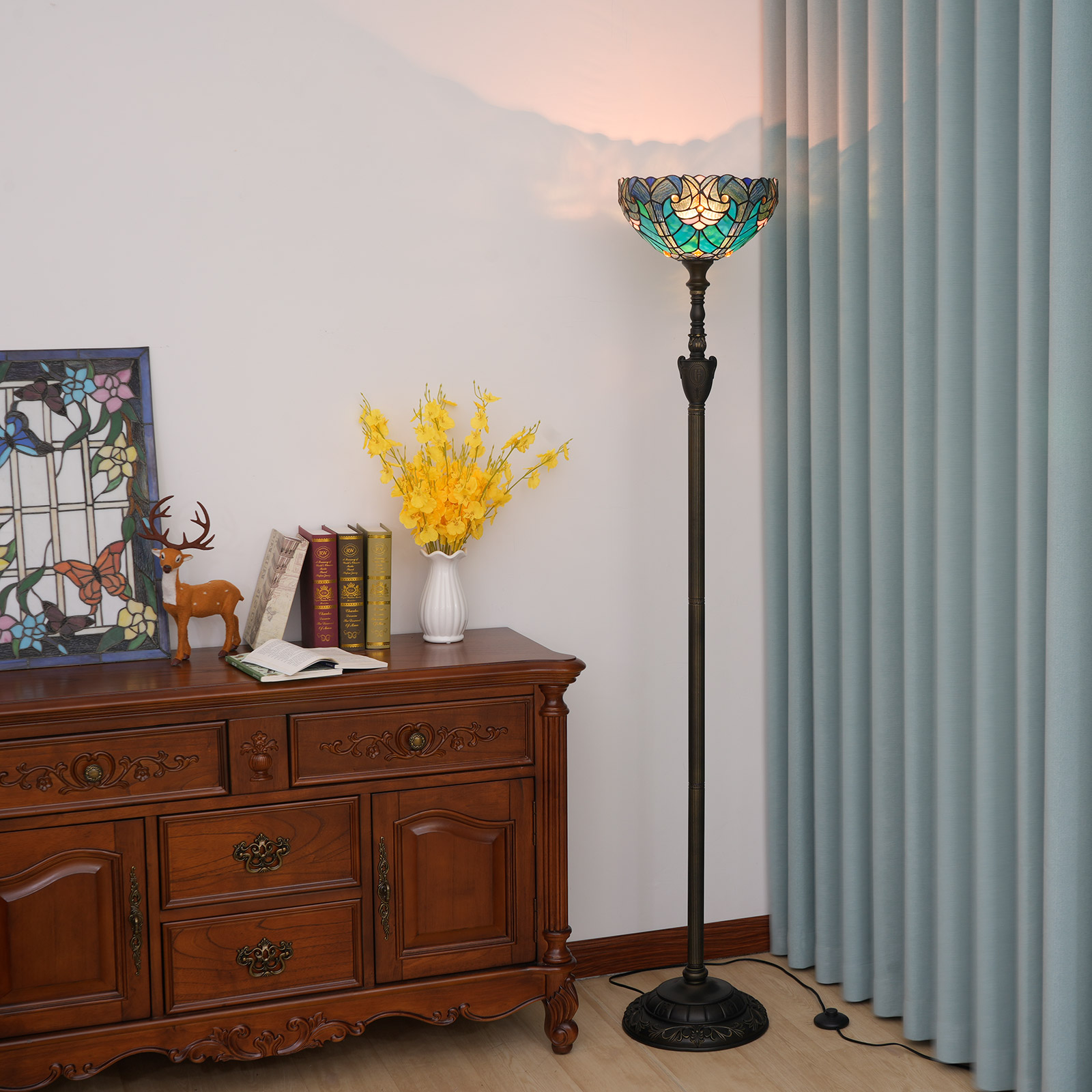 Blivuself Tiffany Floor Lamp Traditional Medieval Style 12 Inch Blue Spots Handmade Stained Glass Lamp Shade, Vertical Pole Type Upward Floor Lamp, Indoor Lighting Retro Atmosphere To Create Home Decoration Suitable For Bedroom Living Room Office Study, 12 Inch Blue Spots -OF Upward Floor Lamp OFXS014