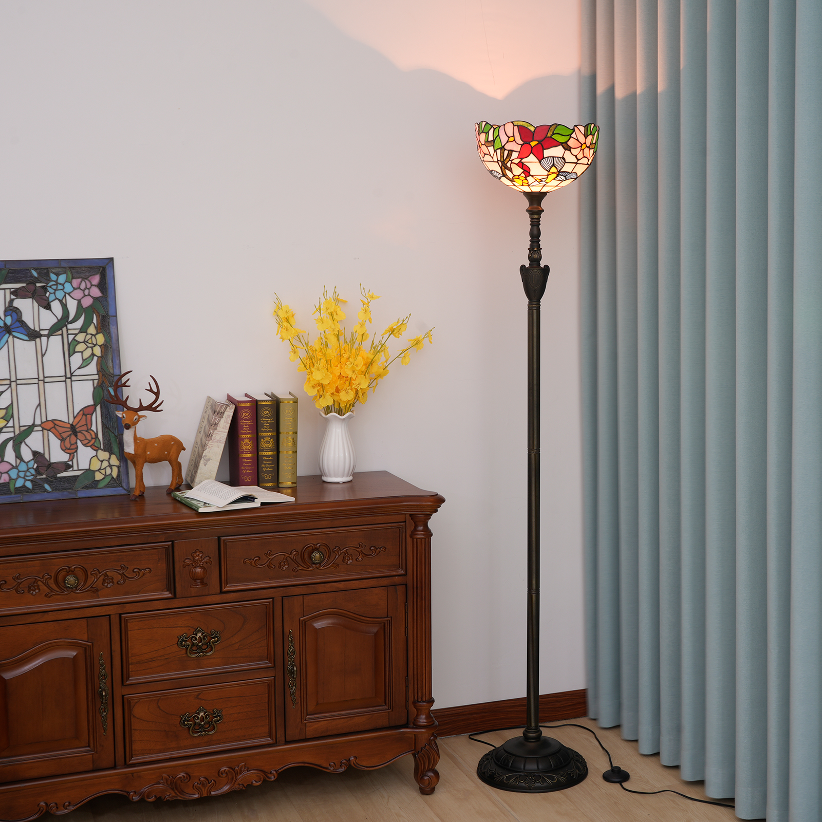 Blivuself Tiffany Floor Lamp Traditional Medieval Style 12 Inch Blue Hummingbird Hand-Made Colored Glass Lamp Shade, Vertical Pole Type Upward Floor Lamp, Indoor Lighting Retro Pastoral Style To Create Home Decoration Suitable For Bedroom Living Room Office Study, 12 Inch Bird -OF Upward Floor Lamp OFXS017