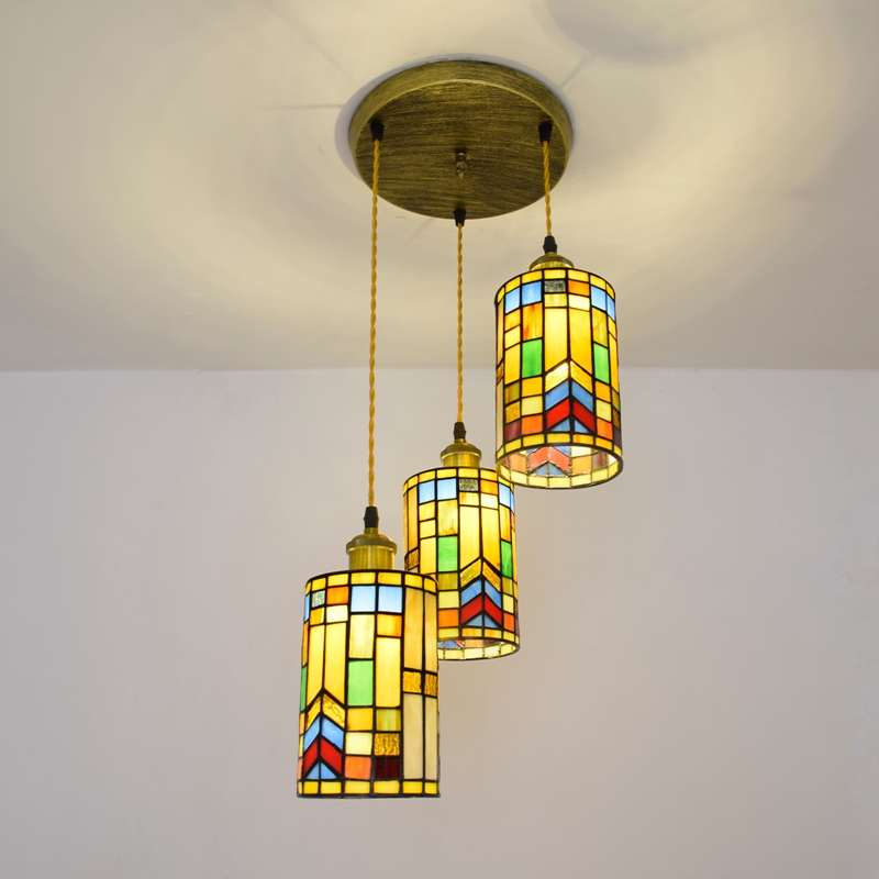 Blivuself Tiffany Chandelier Traditional Medieval Style Color Lattice Downlight Hand-Made Stained Glass Lampshade, Disc Three Heads, Interior Lighting Retro Home Decoration, Suitable For Bedroom Living Room Office Study, Etc., Color Lattice Downlight - Disc Three Heads Chandelier OFD2001