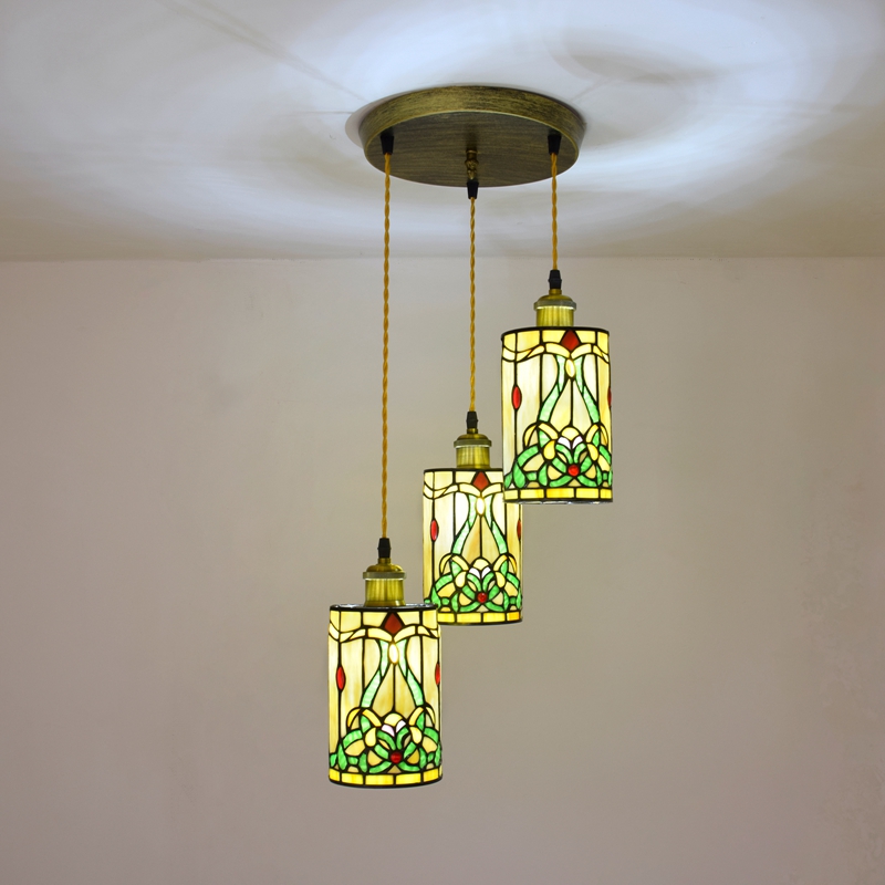 Blivuself Tiffany Chandelier Victorian Style Green Vine Downlight Hand-Made Stained Glass Lampshade, Disc Triple Chandelier, Indoor Lighting Pastoral Retro Home Decoration, Suitable For Bedroom Living Room Office Study, Etc., Vine Downlight - Disc Triple Chandelier OFD2004