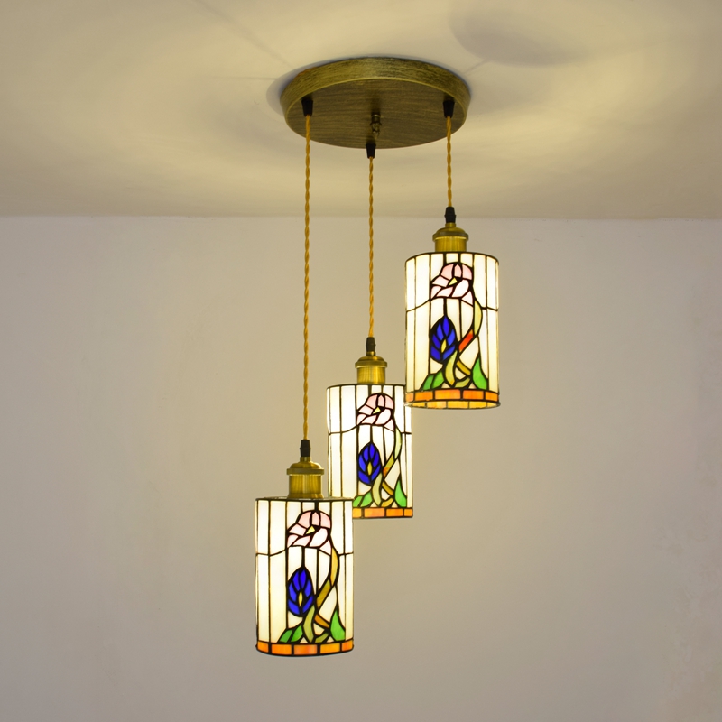 Blivuself Tiffany Chandelier Navian-Style Pink Morning Glory Lamp Hand-Made Stained Glass Lamp Shade, Disk Triple Chandelier, Indoor Lighting Traditional Medieval Style Home Decoration, Suitable For Bedroom Living Room Office Study, Morning Glory Downlight - Disk Triple Chandelier OFD2007