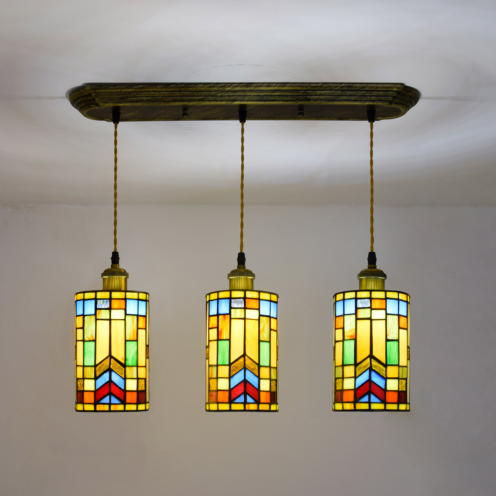 Blivuself Tiffany Pendant Lamp Bohemian Style Color Lattice Downlight Hand-Made Stained Glass Lampshade, Straight Board Triple Pendant Lamp, Suitable For Bedroom Living Room Study, Indoor Lighting Retro Style Home Decoration, Mosaic Downlight - Straight Triple Pendant Lamp OFD2009